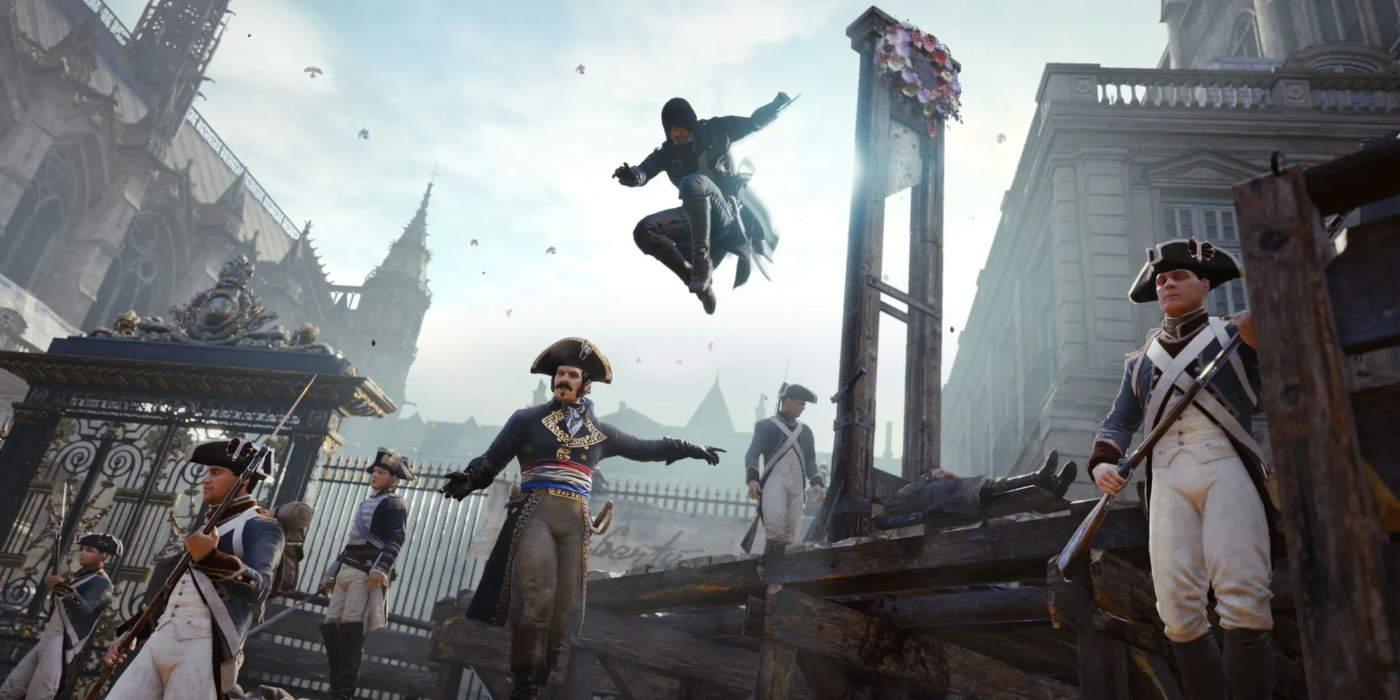 Arno Dorian thực hiện đòn ám sát trên không trong Assassin's Creed Unity