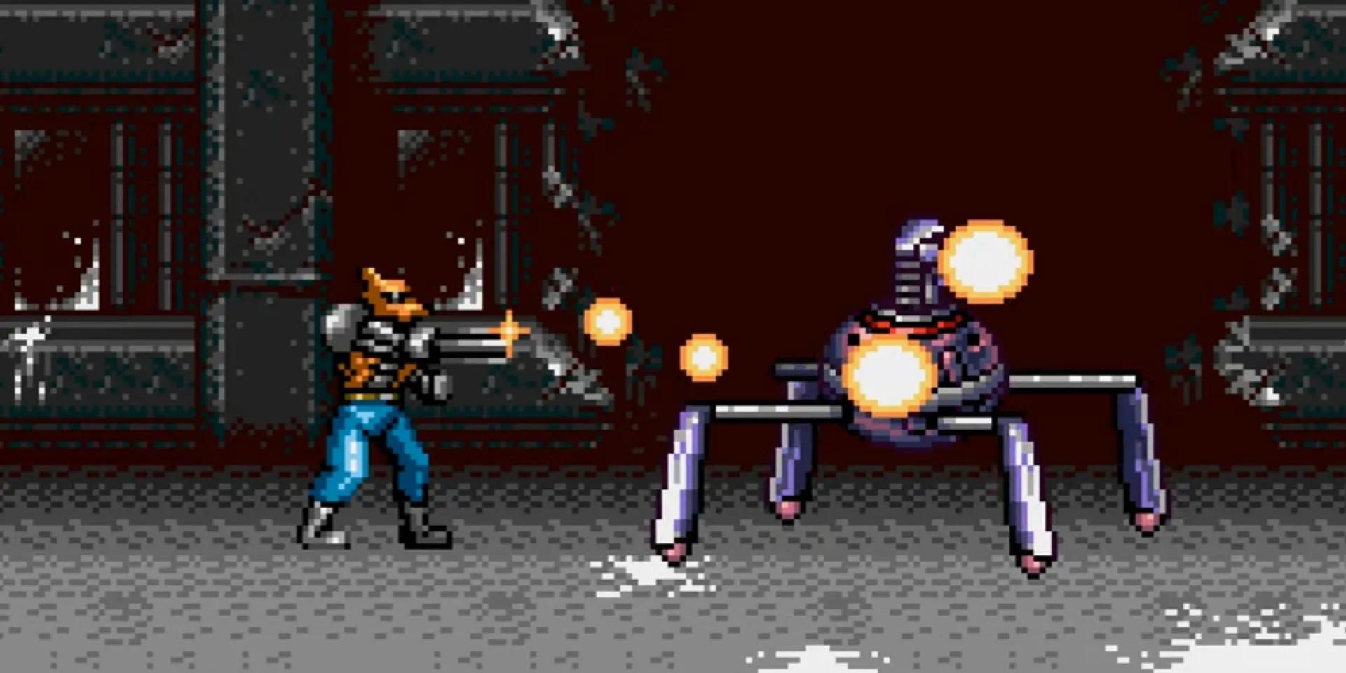 Brad Fang, người sói cyborg, bắn hạ robot trong Contra: Hard Corps đầy kịch tính