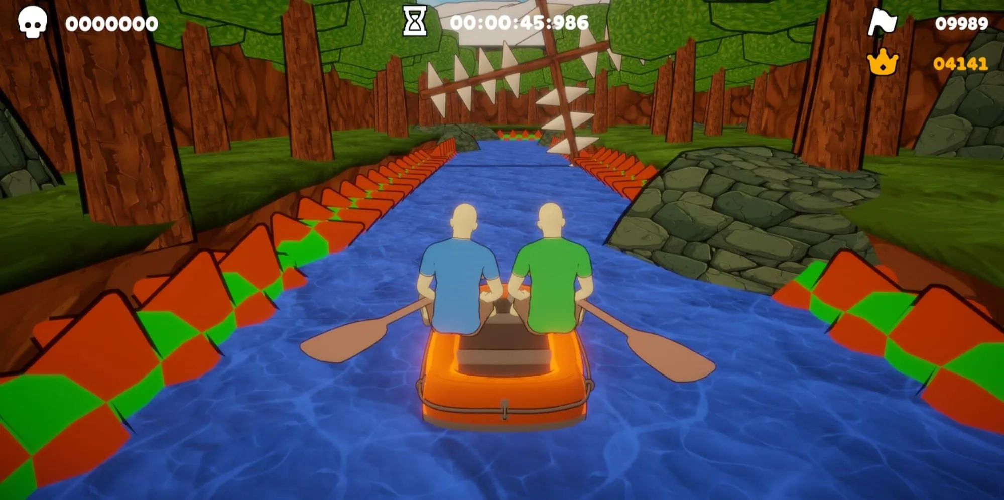 Các nhân vật đang chèo thuyền trong game Paddle Paddle Paddle