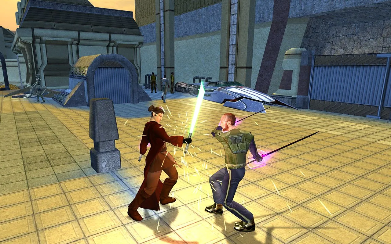 Cảnh chiến đấu kịch tính trong Star Wars Knights of the Old Republic 2, nơi những quyết định và RNG quyết định số phận Jedi.