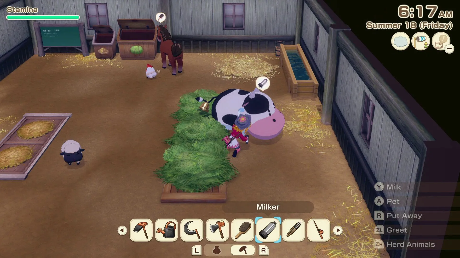 Cảnh nhân vật chính đang tưới cây trên cánh đồng xanh mướt trong Story of Seasons Grand Bazaar