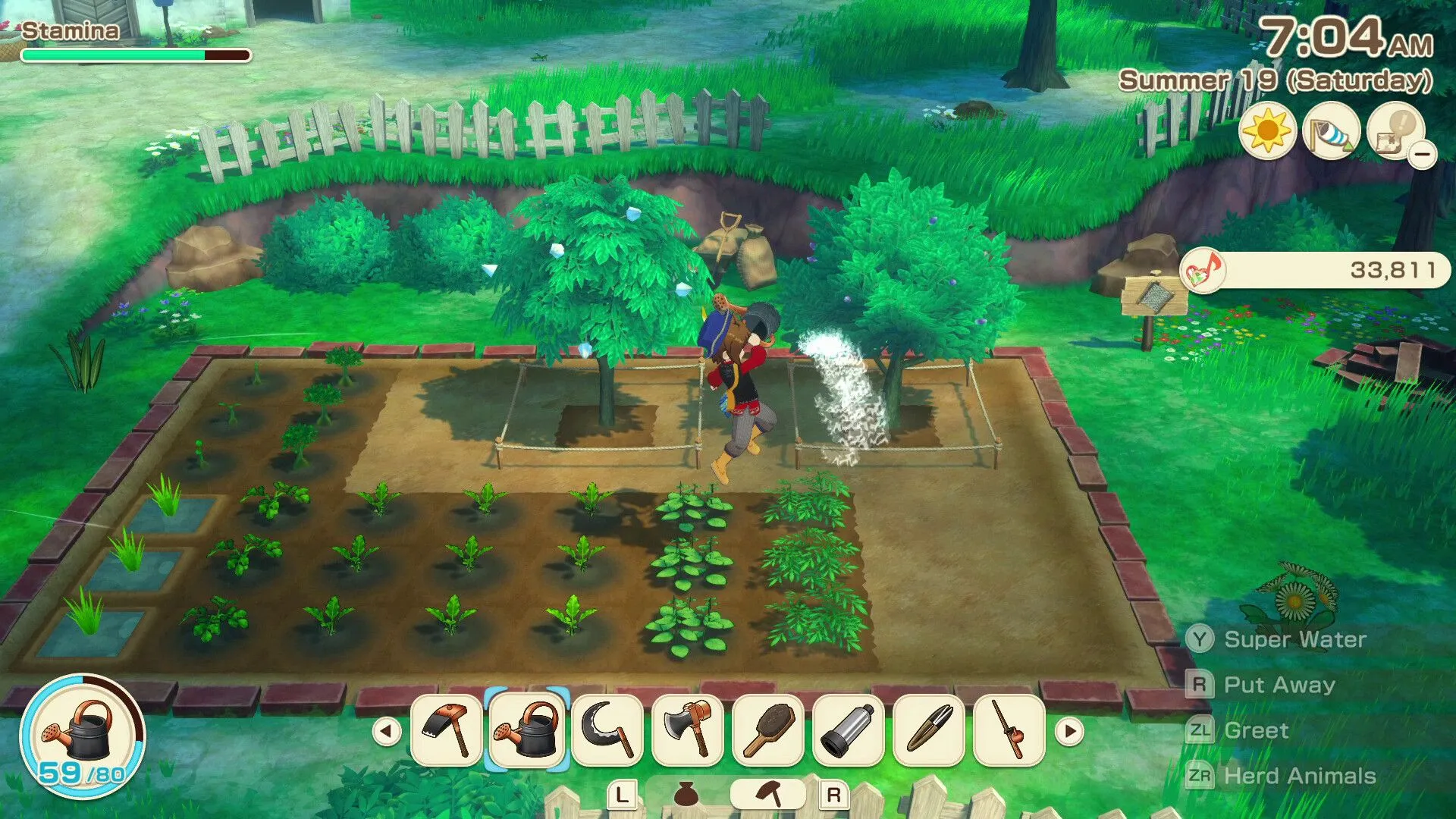 Cảnh nhân vật chính đang vuốt ve một con gà dễ thương trong chuồng trại của Story of Seasons Grand Bazaar