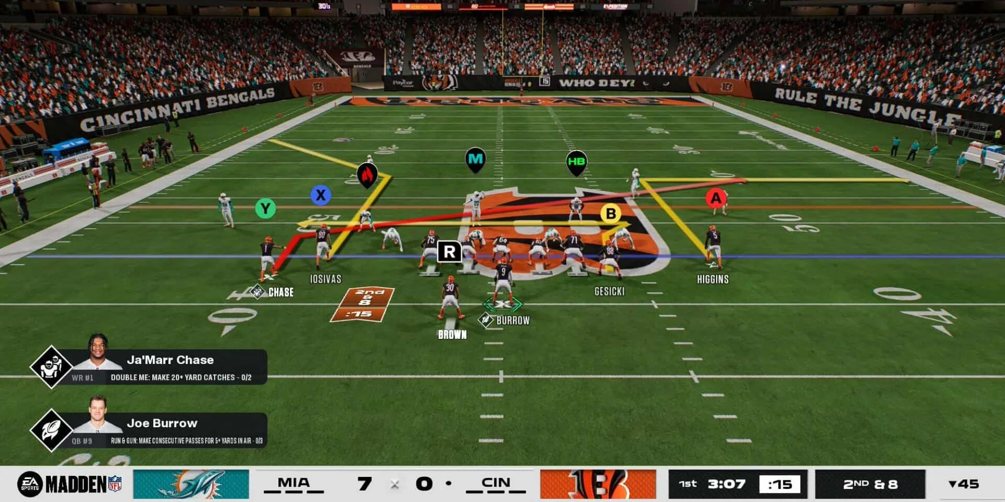 Cầu thủ đội Bengals nỗ lực tranh bóng trong Madden NFL 26