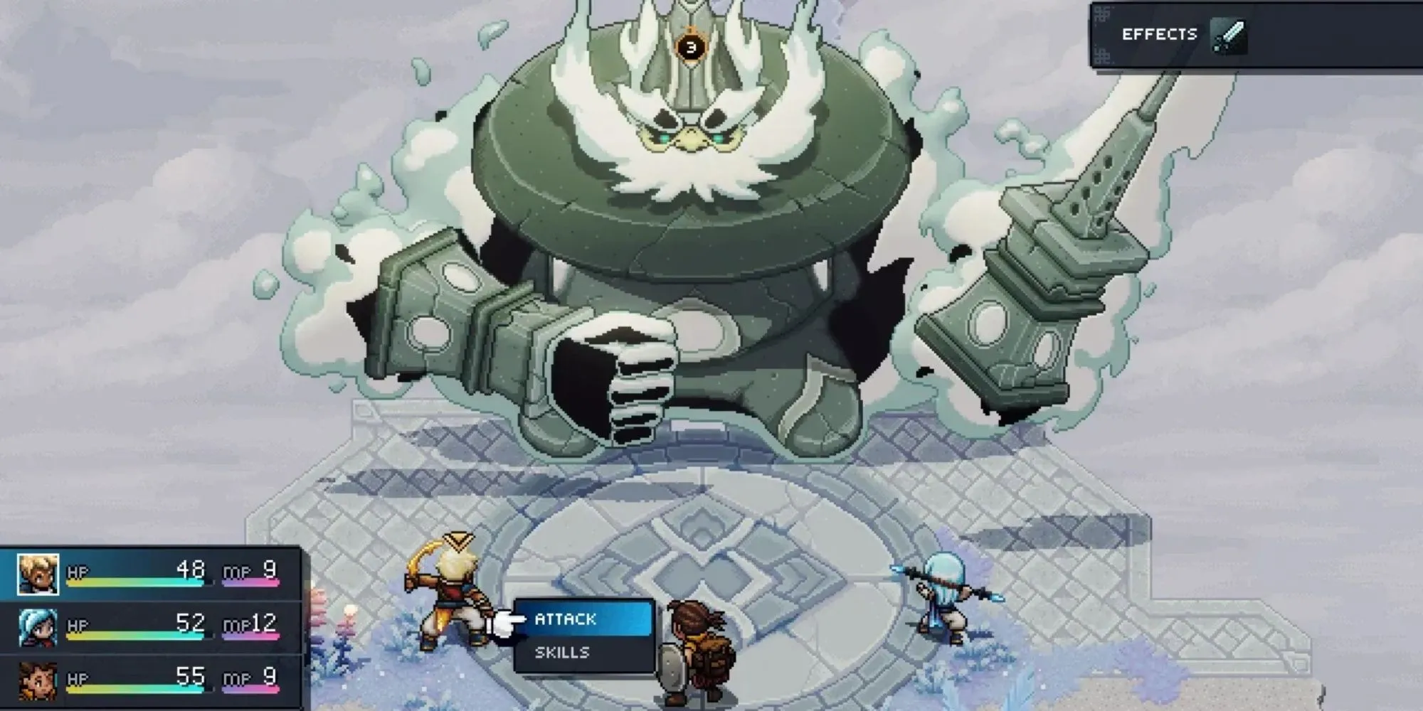 Đội hình chiến đấu theo lượt đầy màu sắc trong Sea of Stars, một game RPG retro hiện đại.