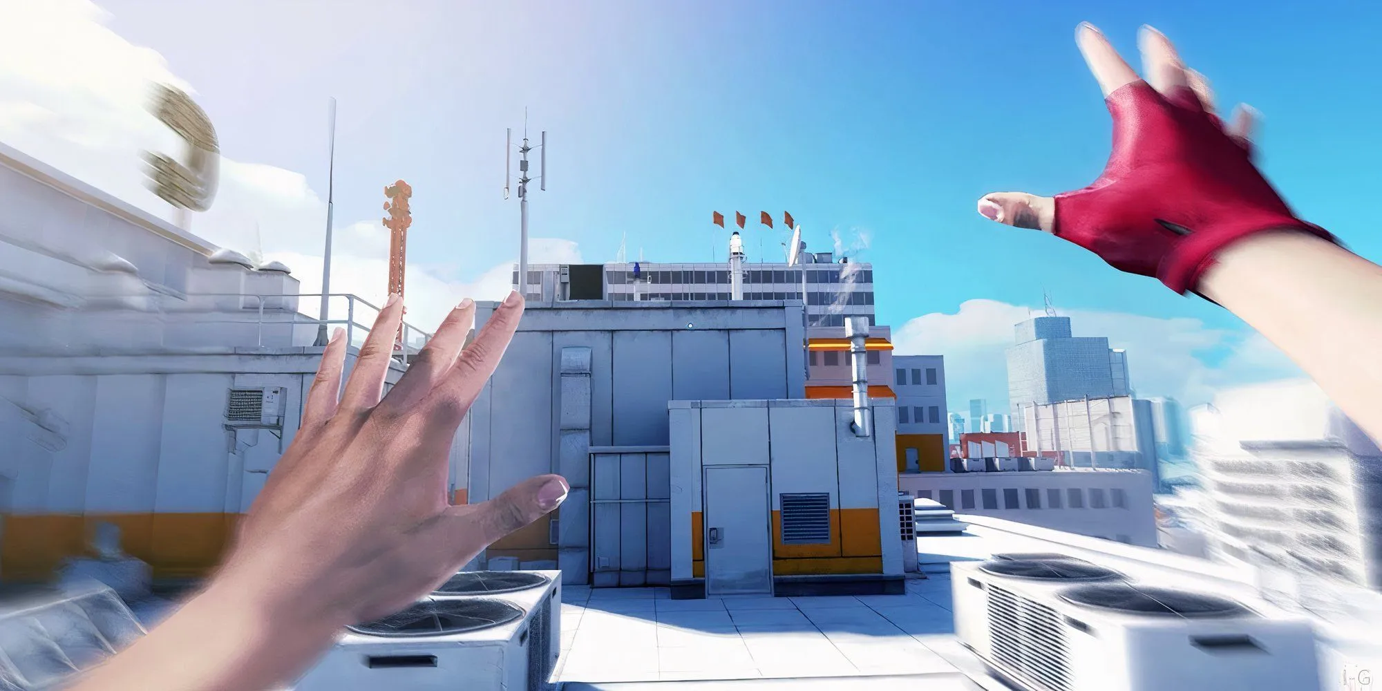 Faith thực hiện động tác parkour trên mái nhà trong Mirror's Edge, khung cảnh đô thị trắng sáng và đỏ tươi, thể hiện sự tự do di chuyển