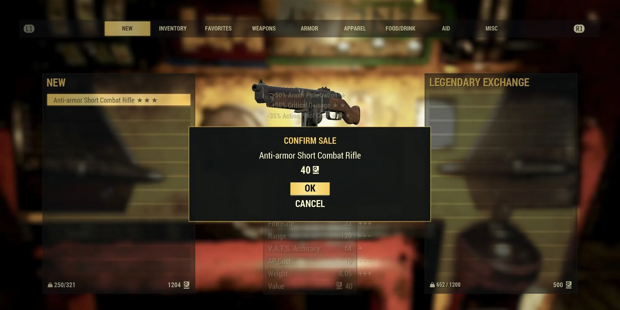 Game thủ Fallout 76 đang bán một vũ khí Legendary tại máy Legendary Exchange
