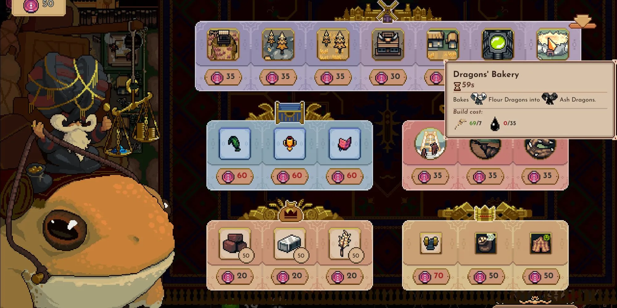 Giao diện menu thương nhân trong The King is Watching, hiển thị Dragon Bakery và các lựa chọn tài nguyên chiến lược