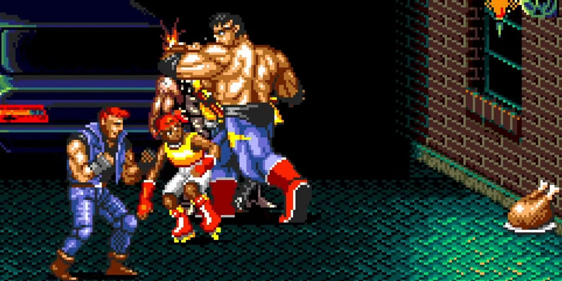 Hai nhân vật Max và Skate phối hợp chiến đấu trong Streets of Rage 2 trên Sega Genesis