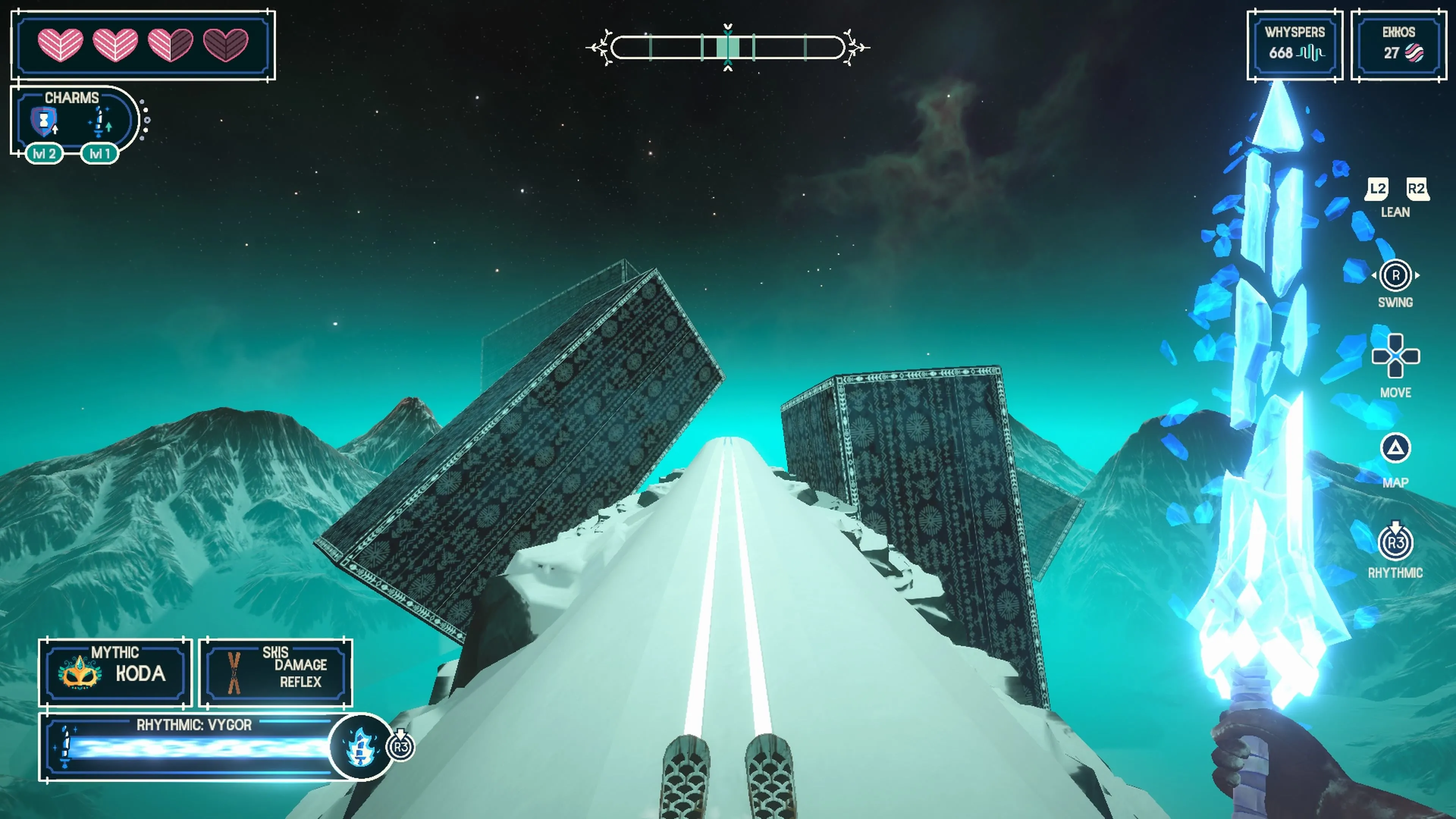 Hình ảnh gameplay Fresh Tracks với nhân vật trượt tuyết và các nốt nhạc