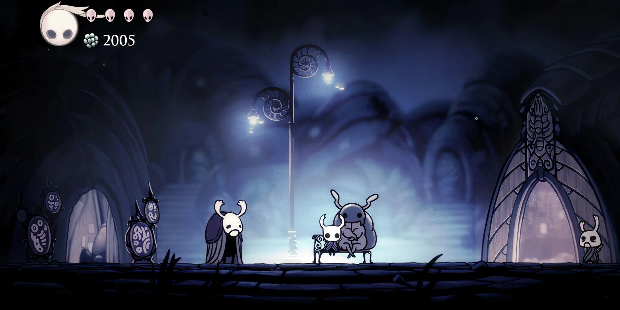 Hollow Knight cùng NPC ngồi trên ghế dài tại City of Tears