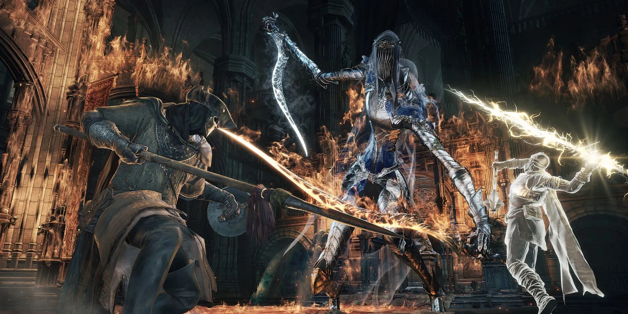 Kỵ sĩ Lanthorn với giáo và pháp sư trong trận đấu boss Dark Souls 3