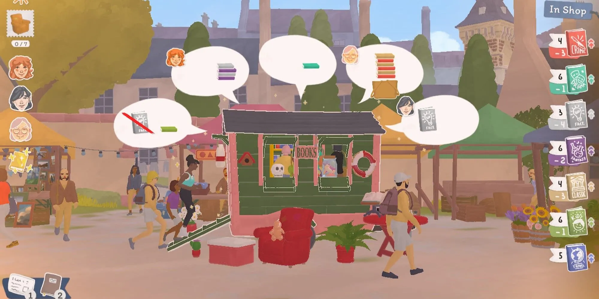 Người chơi bán sách tại chợ trời địa phương trong game Tiny Bookshop