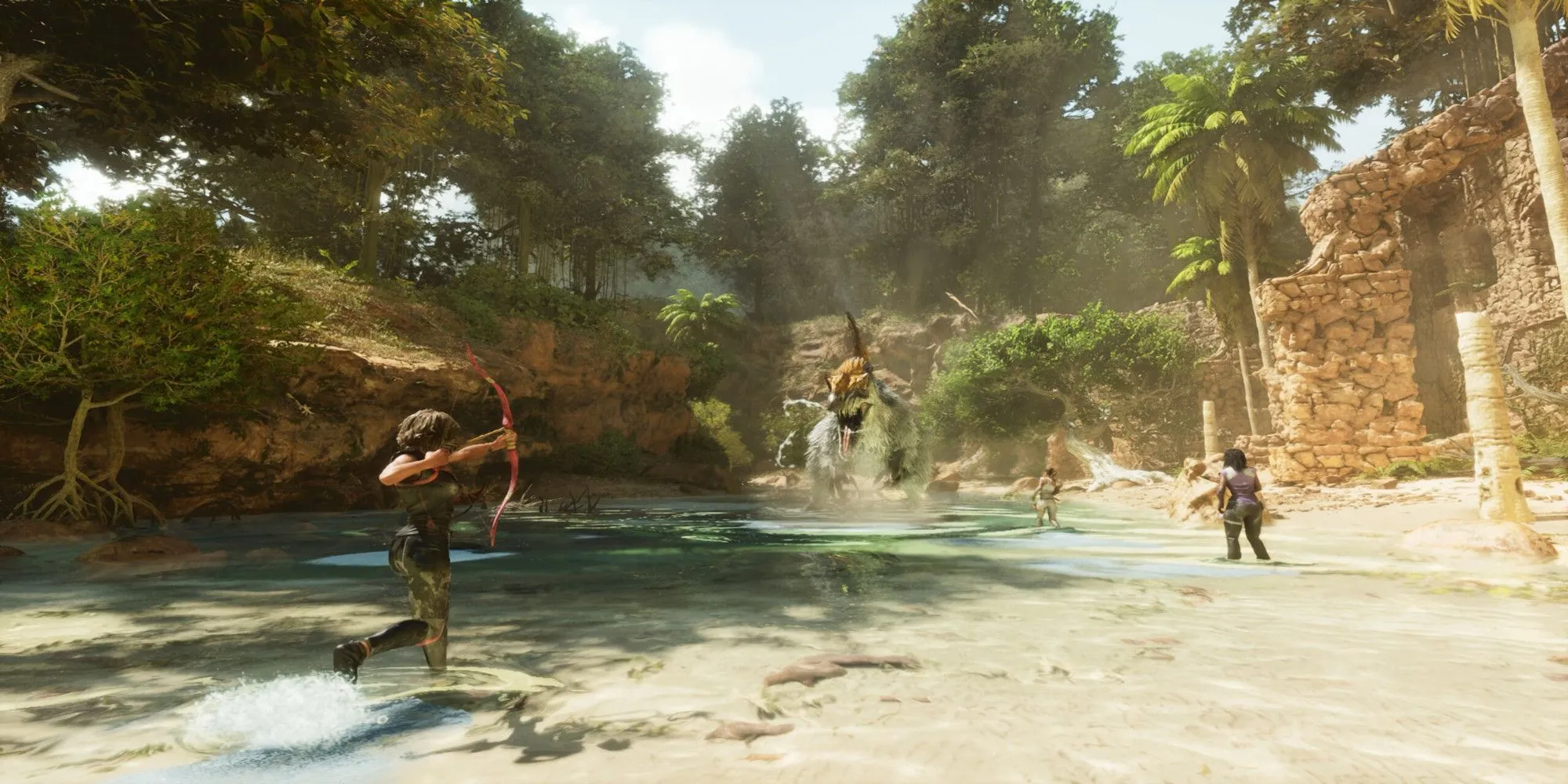Người chơi cùng thú cưỡi Yuty chiến đấu với kẻ thù trong ARK: Survival Ascended