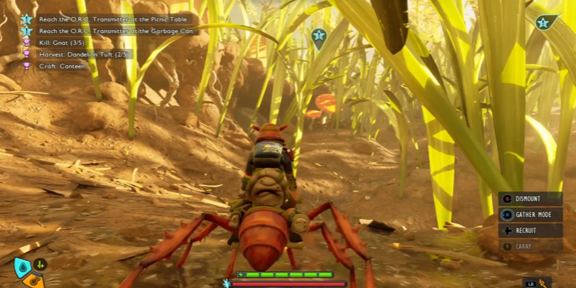 Người chơi cưỡi kiến đỏ (Red Ant Buggie) di chuyển nhanh trong thế giới Grounded 2