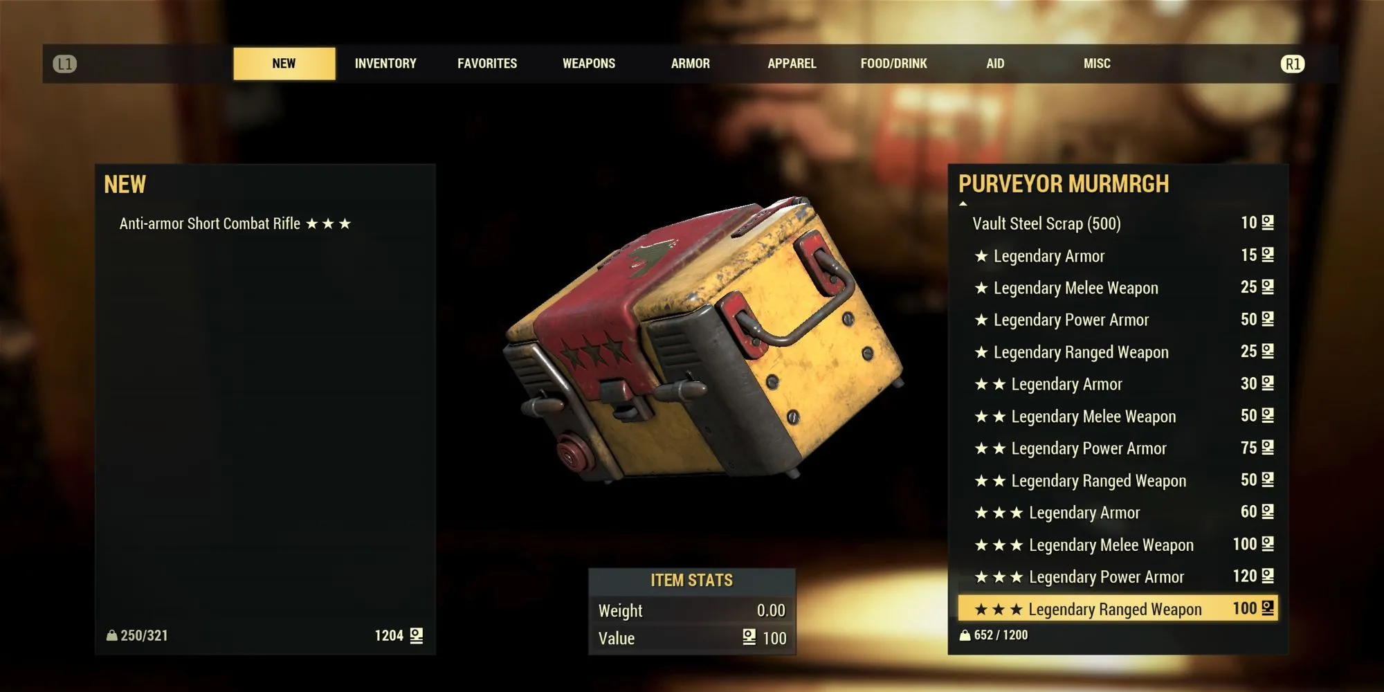 Người chơi Fallout 76 mua trang bị Legendary ngẫu nhiên từ NPC Murmrgh bằng Scrip