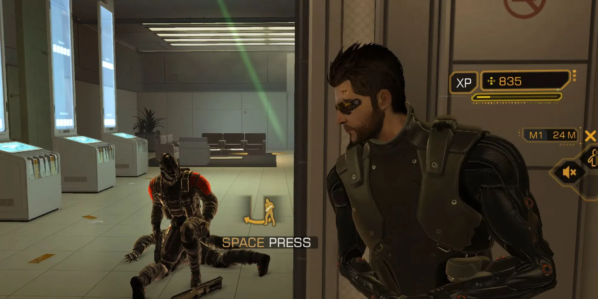 Nhân vật Adam Jensen trong Deus Ex: Human Revolution, một tựa game immersive sim với bối cảnh cyberpunk.