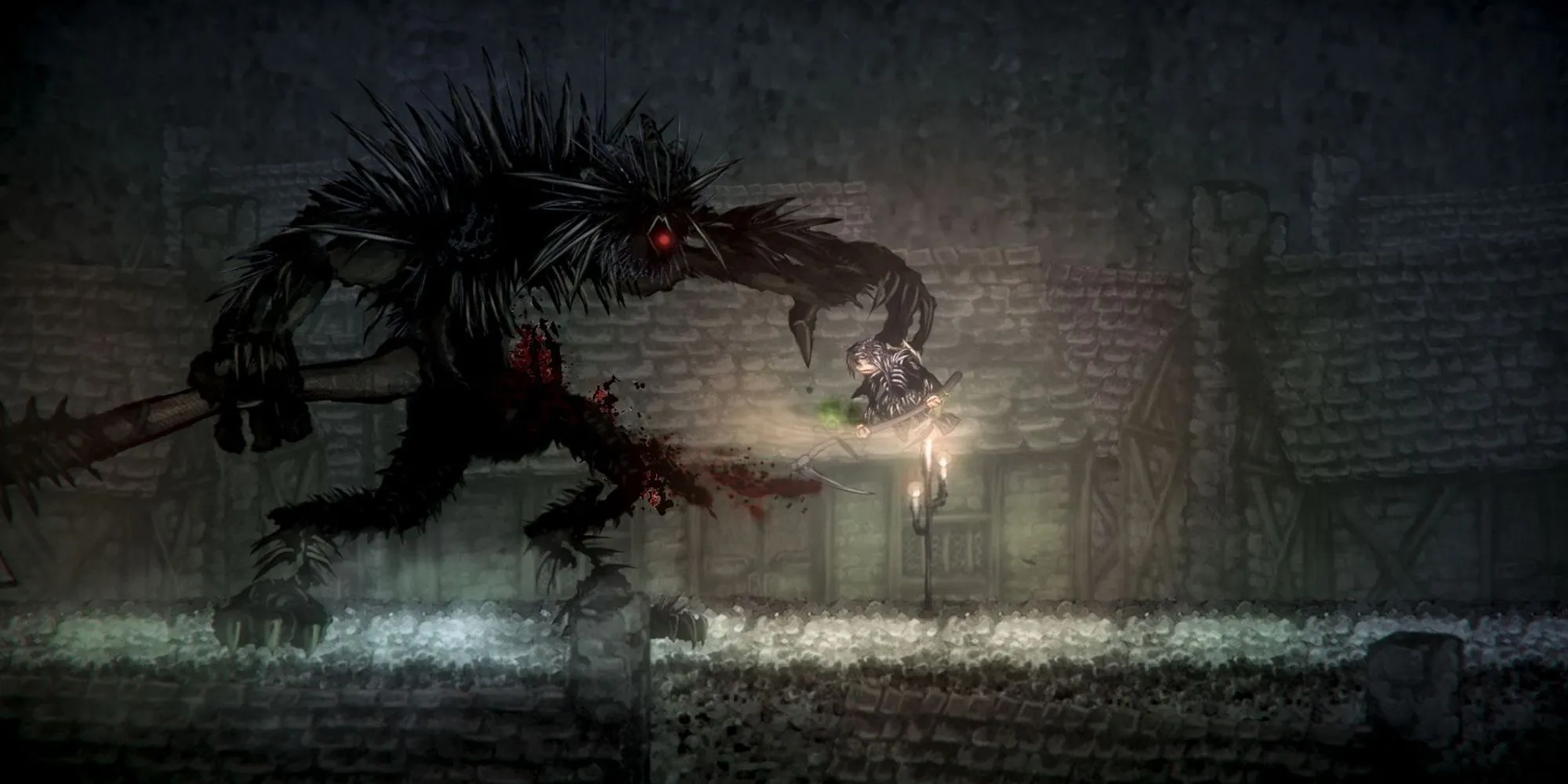 Nhân vật chính đối đầu với boss trong Salt and Sanctuary, một sự kết hợp độc đáo giữa Souls-like và Metroidvania.