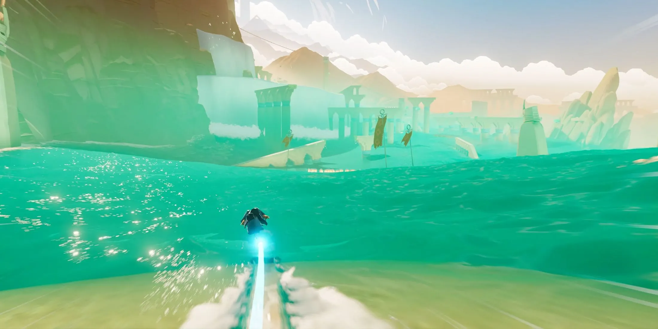 Nhân vật chính lướt ván trên mặt nước trong Sword of the Sea, thể hiện gameplay độc đáo.