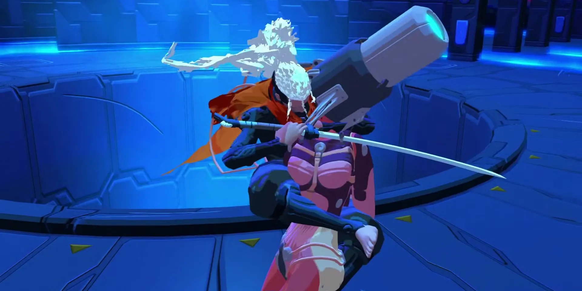 Nhân vật chính The Stranger trong Furi đối đầu với một trong các Guardian, minh họa phong cách boss-fight tốc độ cao và đầy thử thách