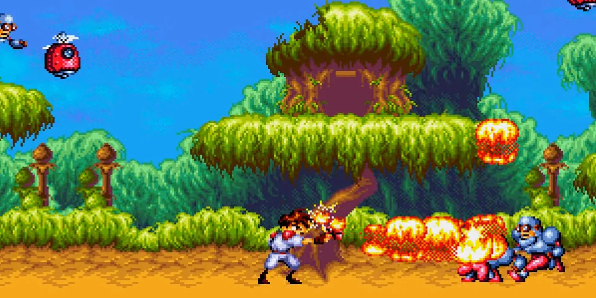 Nhân vật sử dụng súng Fire kép với hiệu ứng độc đáo trong Gunstar Heroes