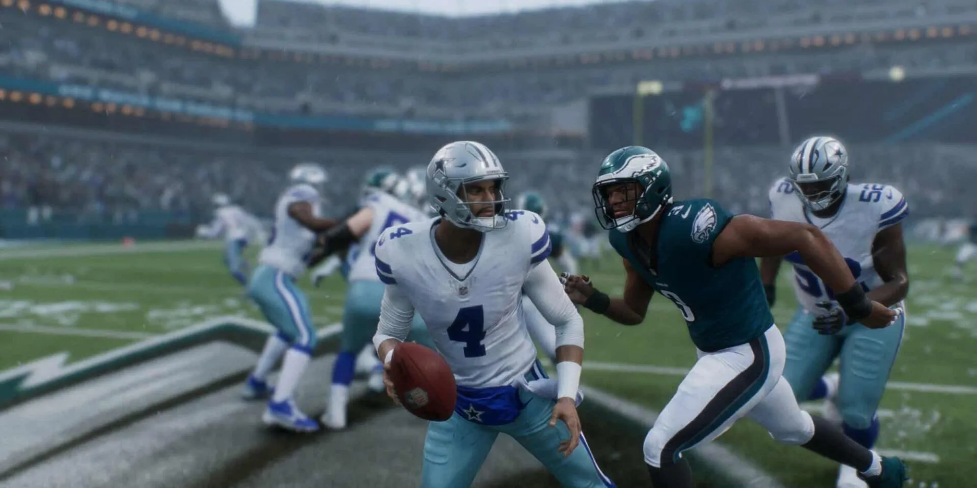 Pha phòng thủ cực chất, cầu thủ Madden NFL 26 hạ gục hậu vệ đối phương (có thể là Dak)