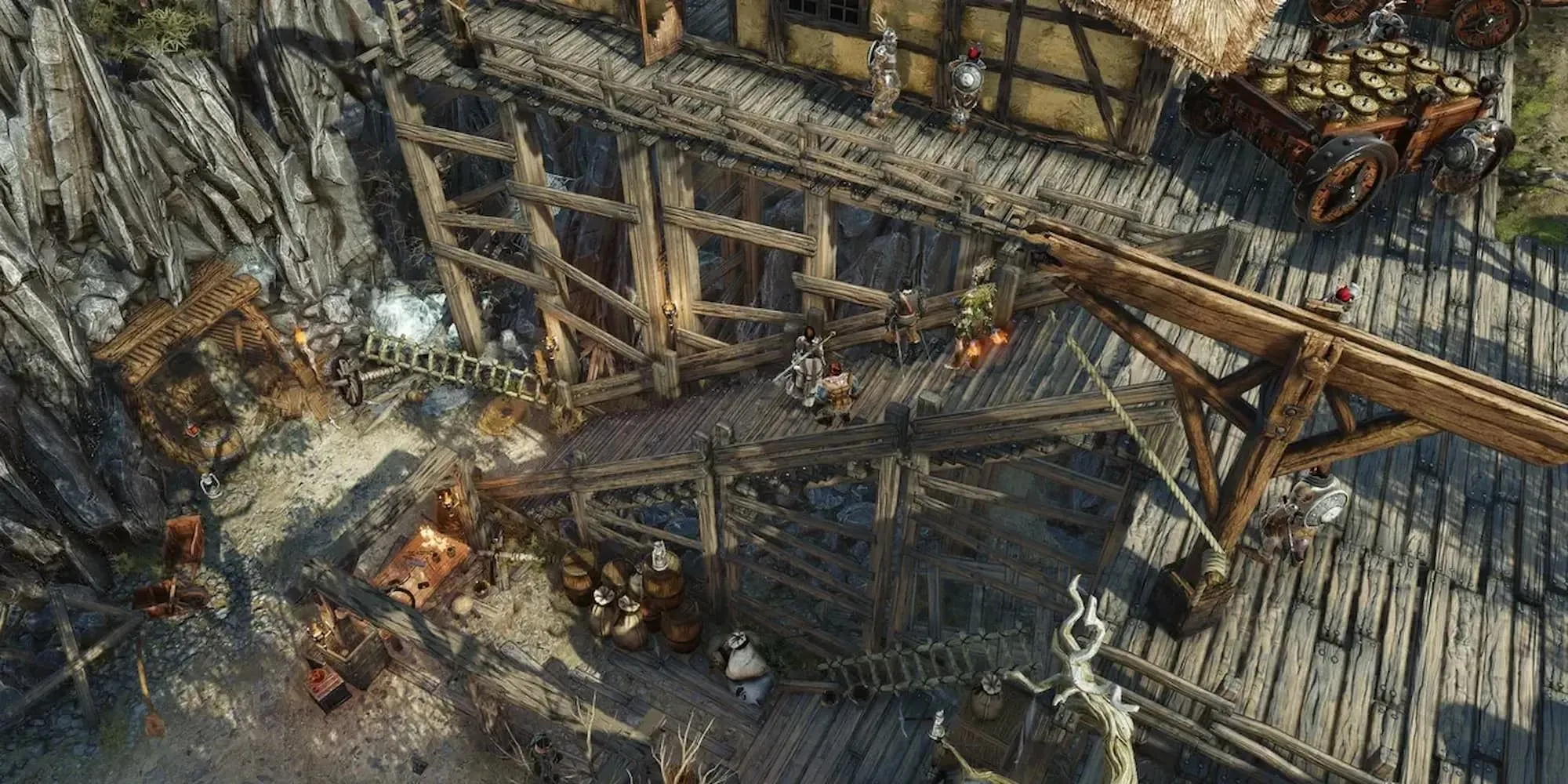 Pháo đài gỗ bốc cháy trong Divinity Original Sin 2, minh họa các trận chiến phức tạp và đầy thử thách.
