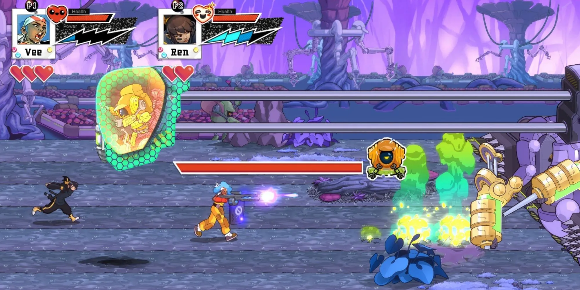 Ra Ra Boom gameplay hiển thị nhân vật đang bắn súng từ xa kết hợp cận chiến.