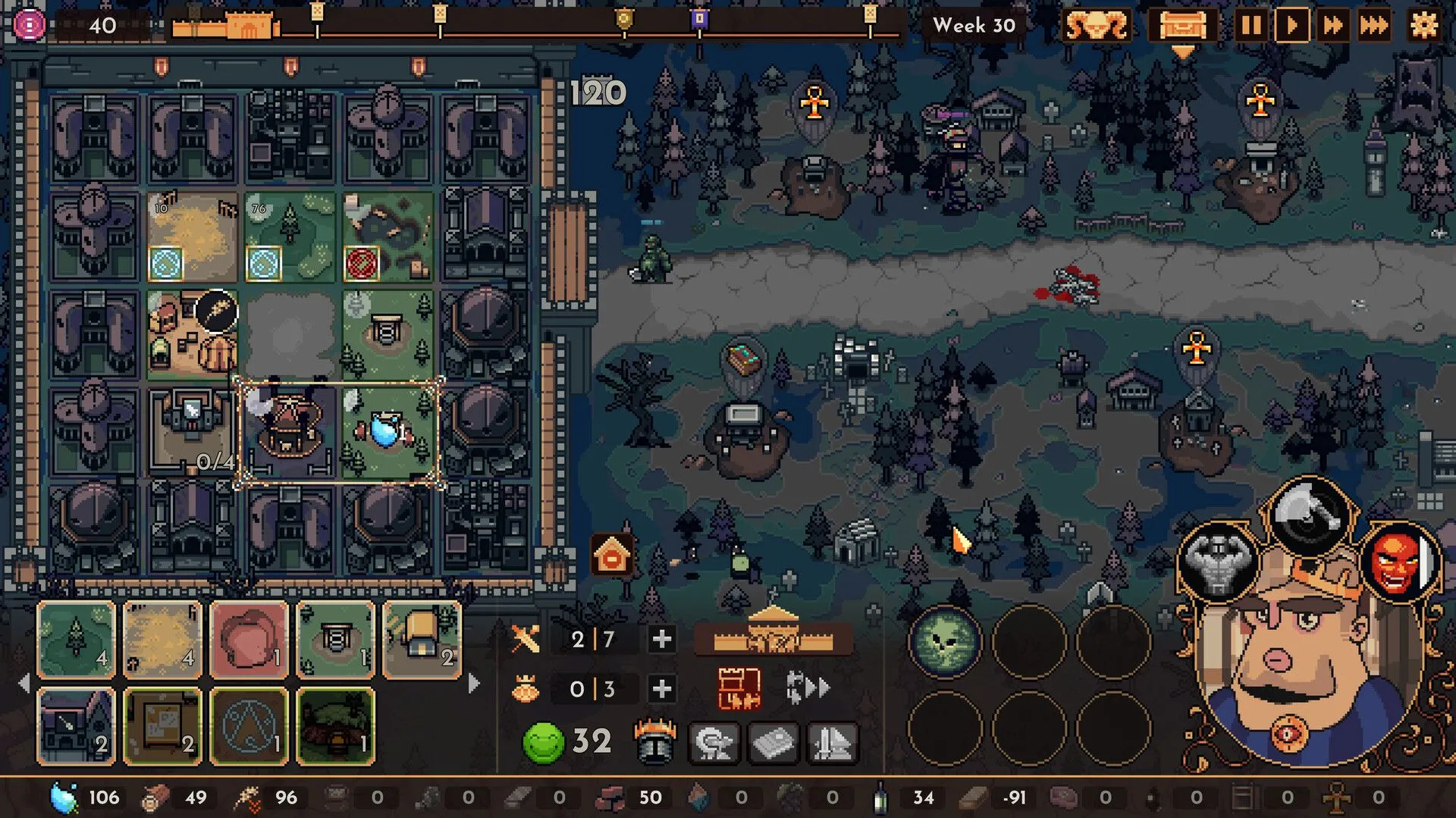 Screenshot gameplay The King is Watching trên Steam, với cảnh tượng các đơn vị chiến đấu và kẻ thù