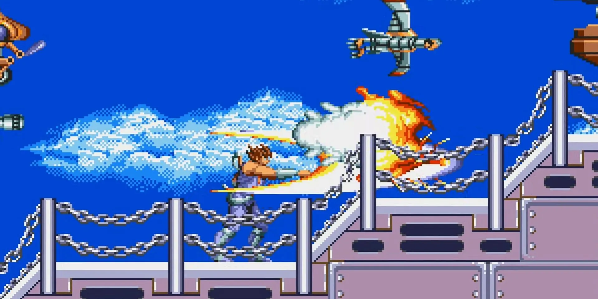 Strider Hiryu vung kiếm Cypher trong một pha hành động nhanh của game Strider