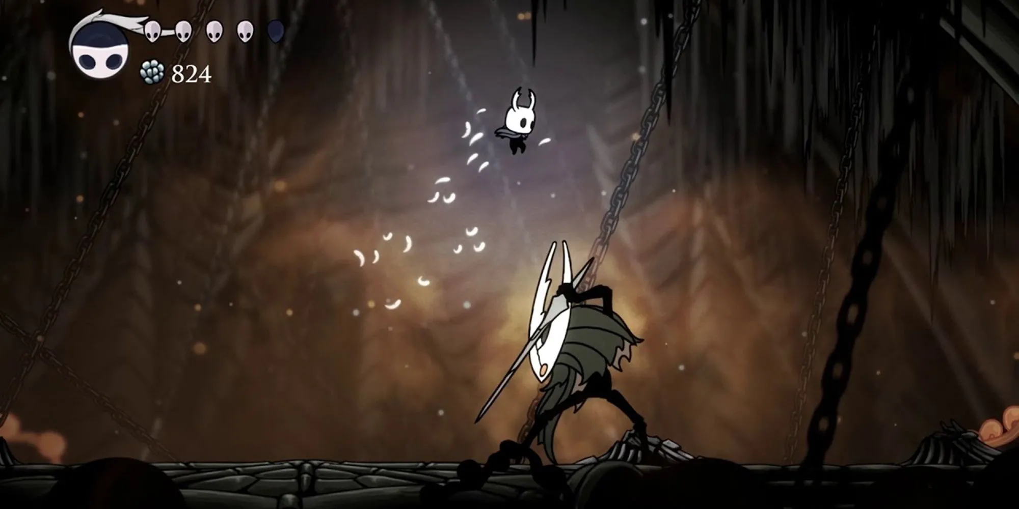 The Knight đối mặt The Hollow Knight trong Temple of the Black Egg, minh họa cho kết thúc đầu tiên của game