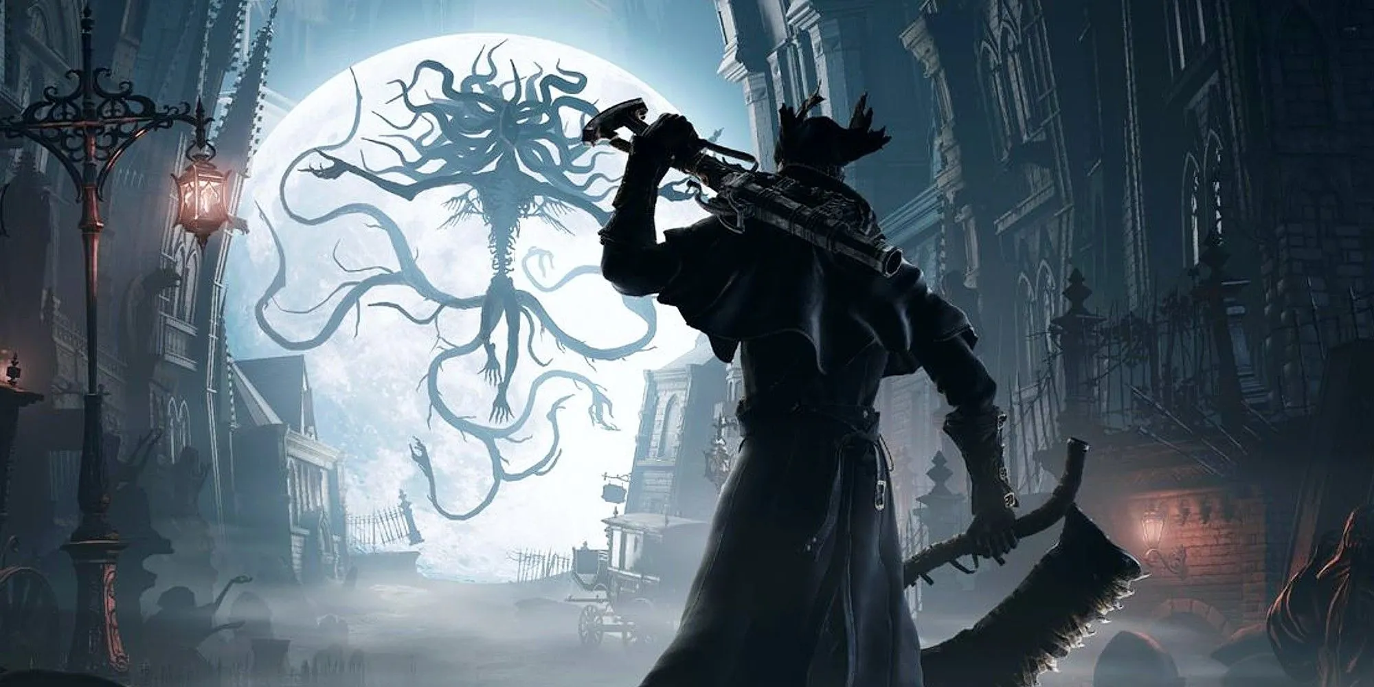 Thợ săn đối mặt quái vật trong cảnh chiến đấu của Bloodborne