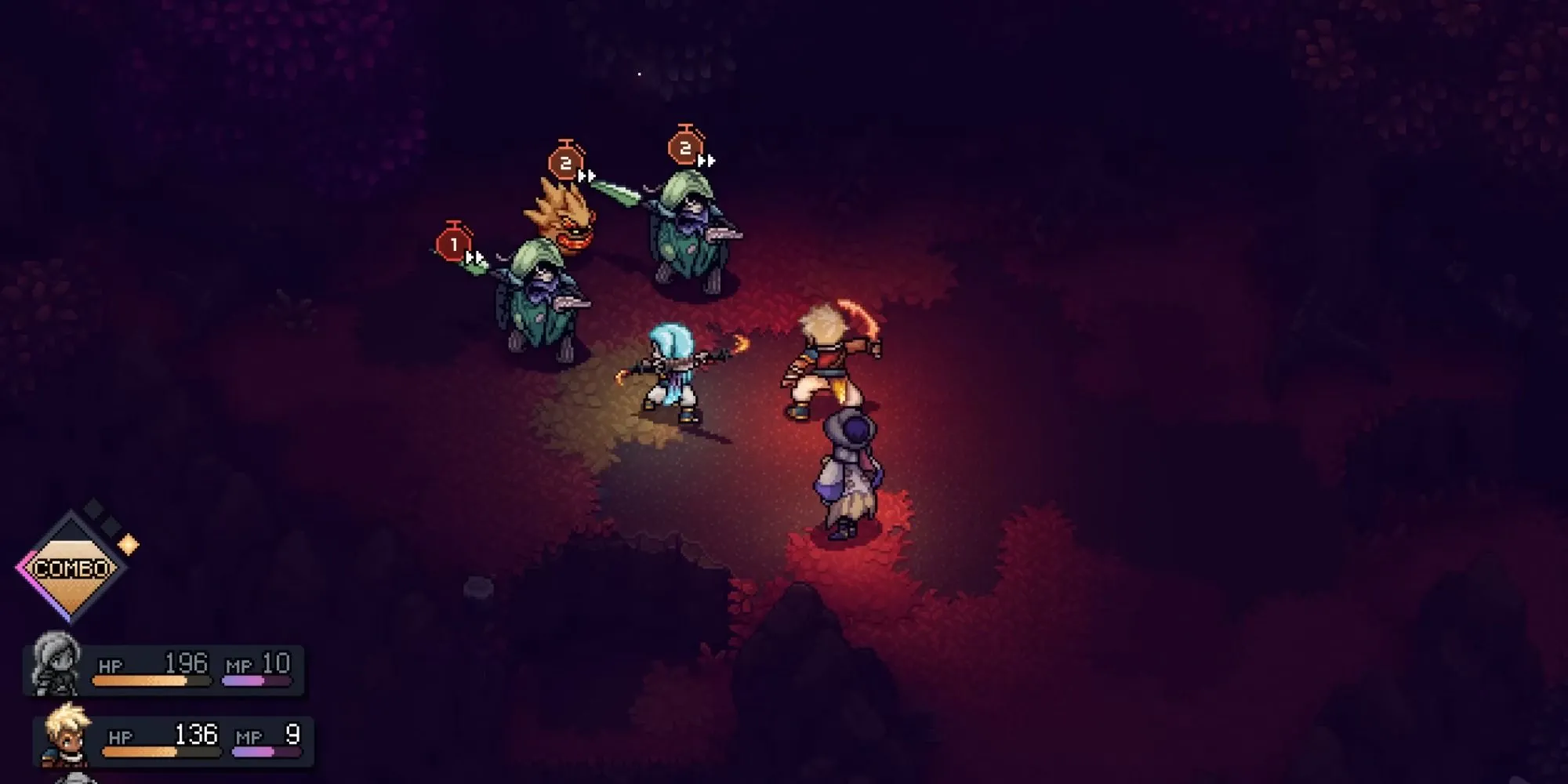 Valere trong cảnh chiến đấu của Sea of Stars, thể hiện đồ họa pixel-art và lối chơi turn-based