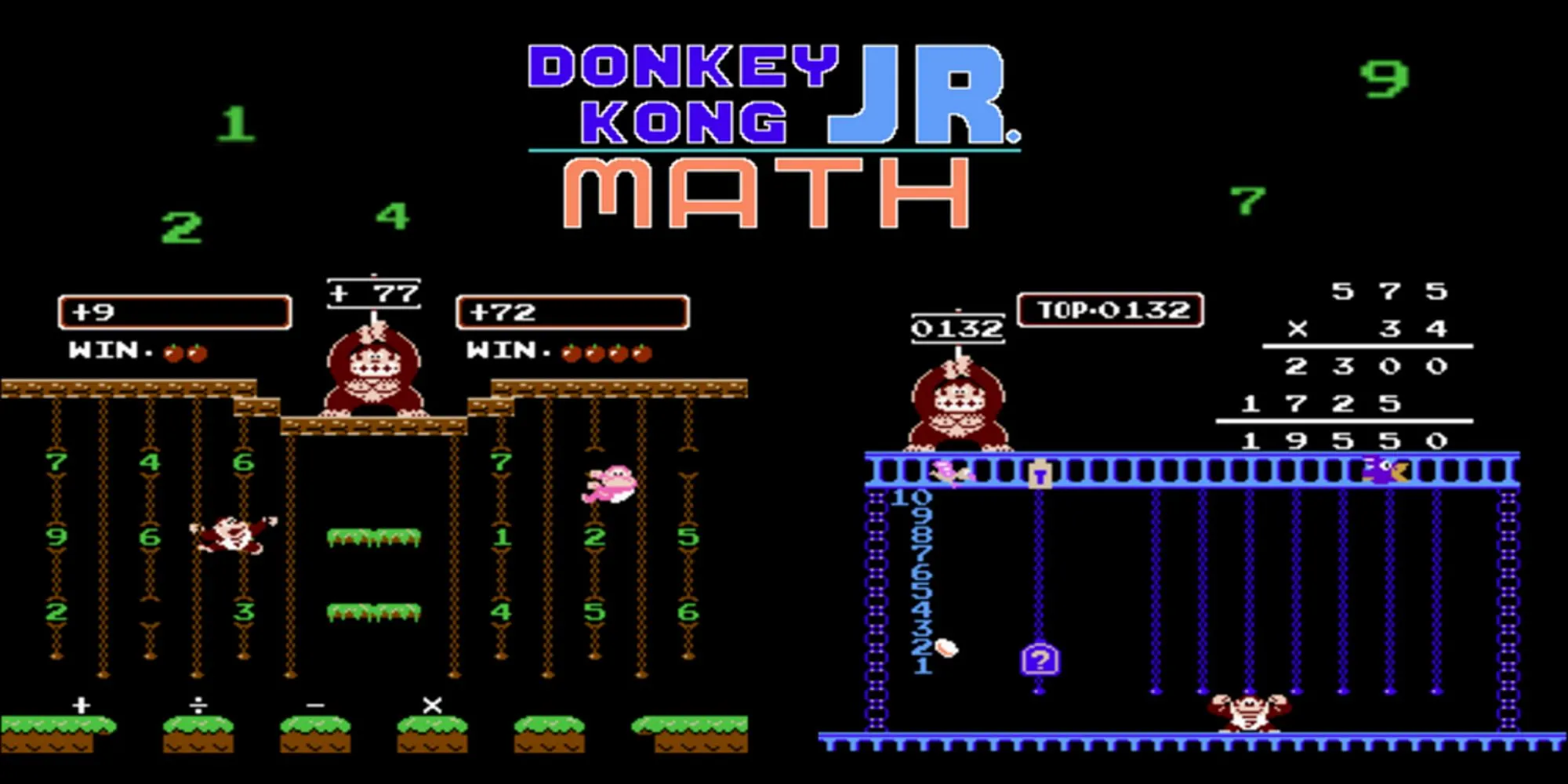 Ảnh quảng bá Donkey Kong Jr. Math cho NES thể hiện Donkey Kong Jr. và giao diện số học