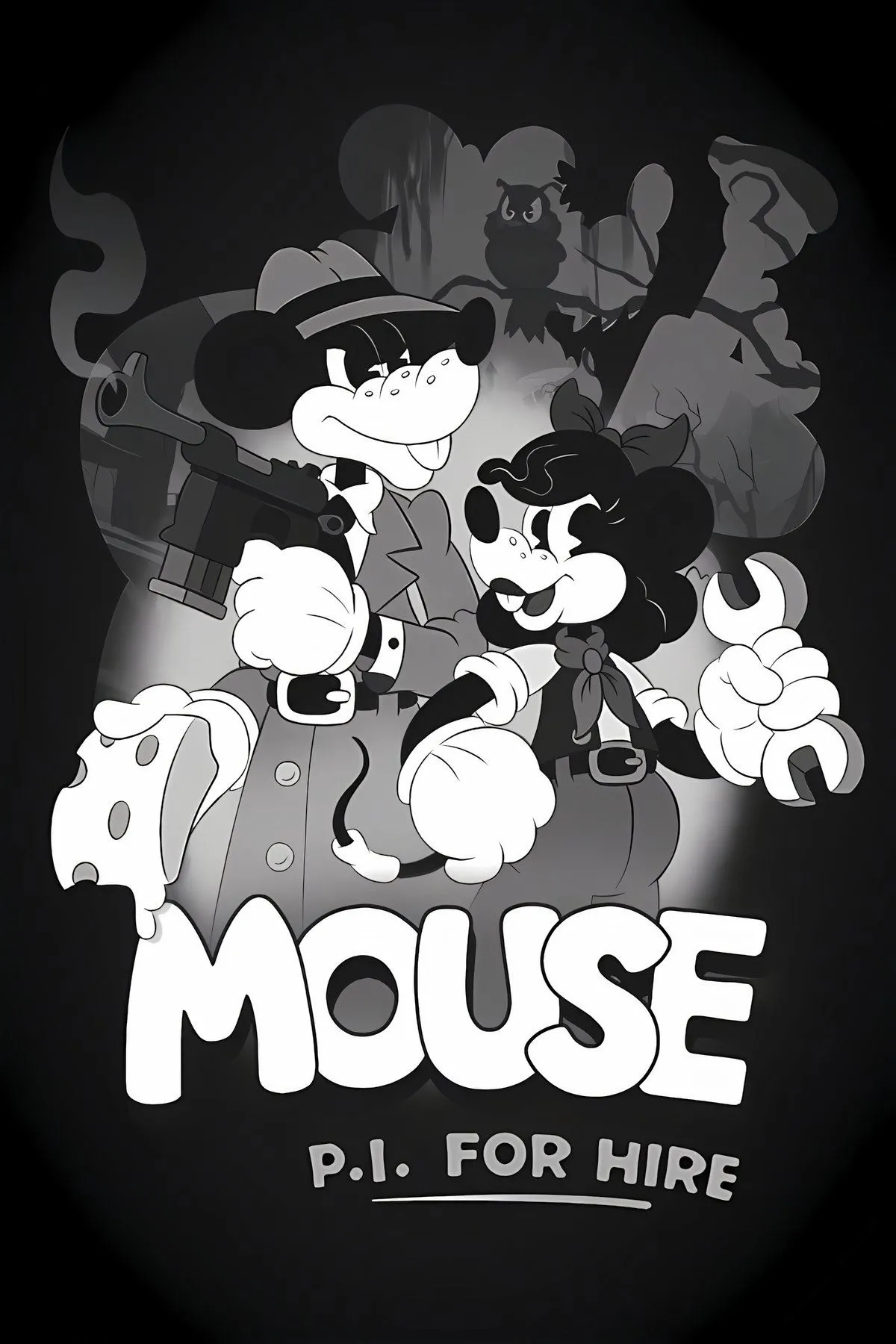 Bìa game Mouse: P.I. For Hire phong cách rubber hose trắng đen, nhân vật chính Jack Pepper