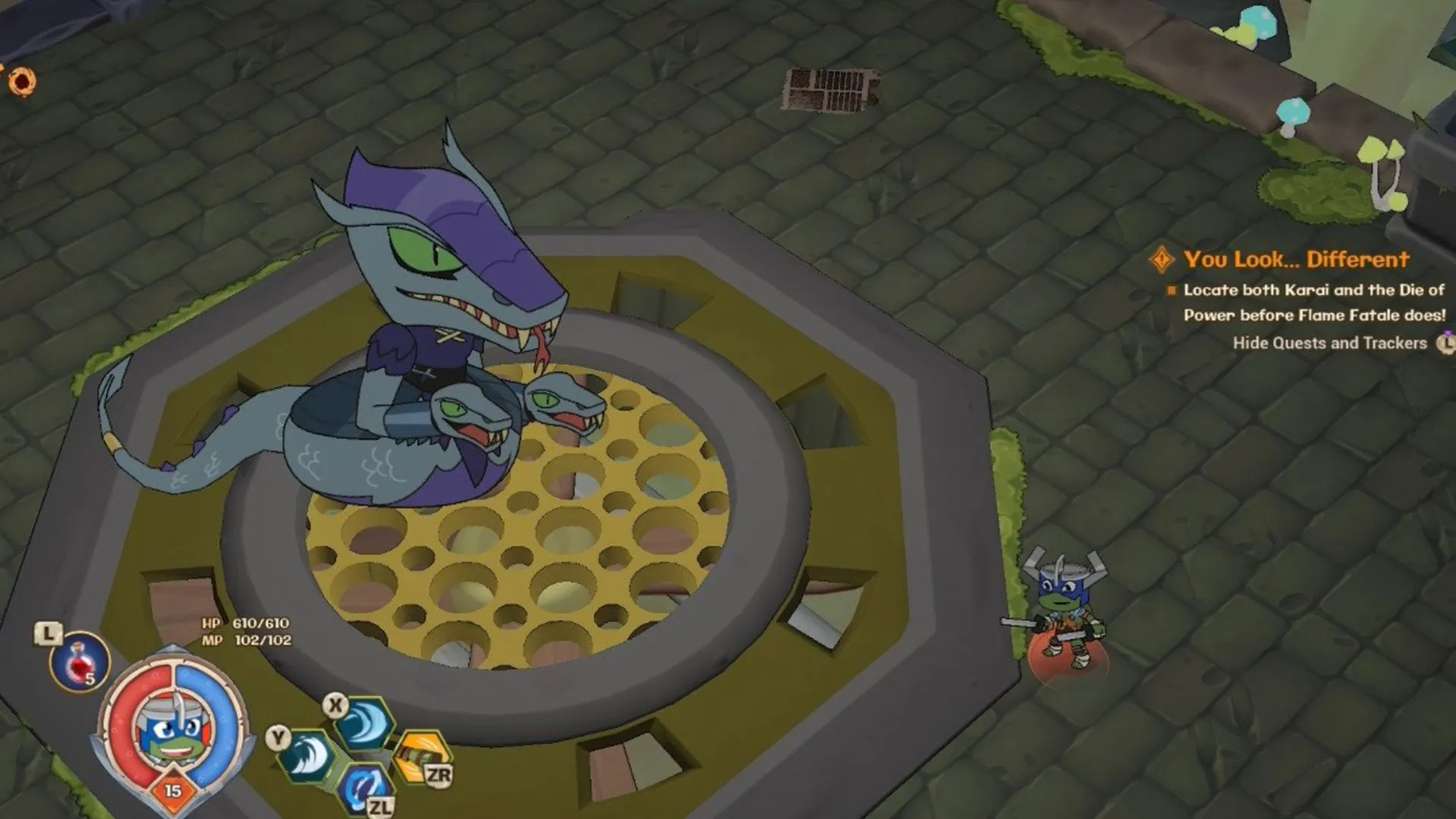 Boss battle với Karai — một số trận boss mang tính thử thách cao, yêu cầu chiến thuật đúng nhân vật