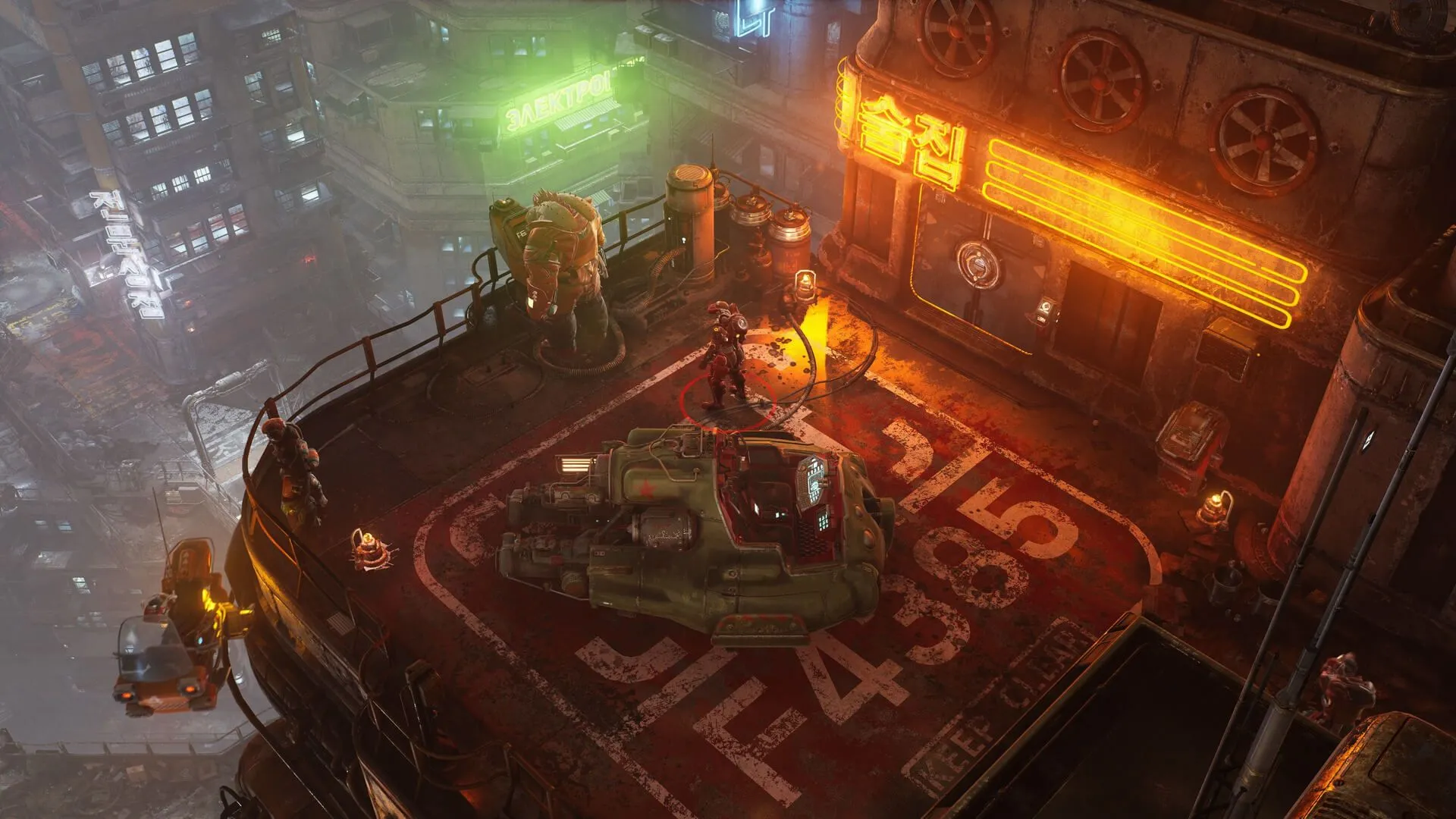 Cảnh chiến đấu top-down trong The Ascent, bối cảnh cyberpunk và co-op 4 người