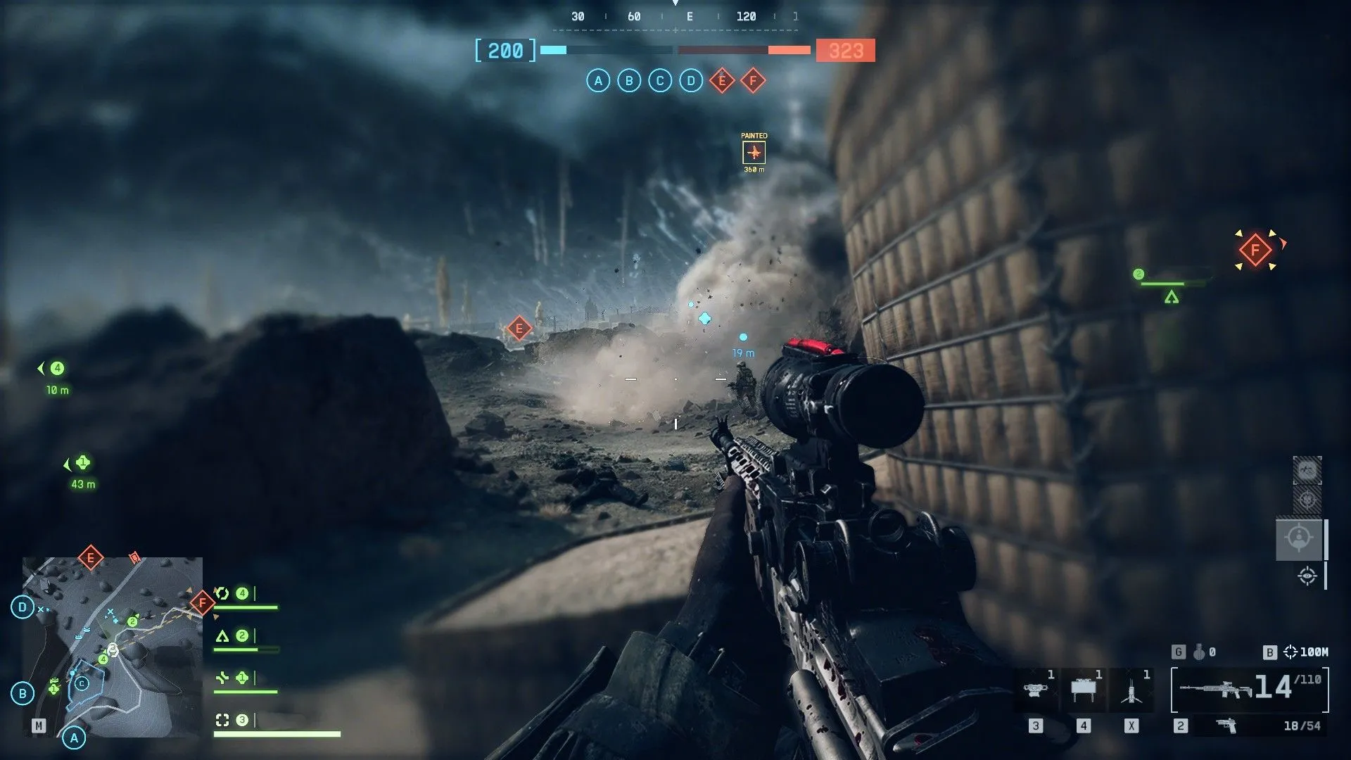 Cảnh multiplayer Battlefield 6 với tàn tích và khói lửa