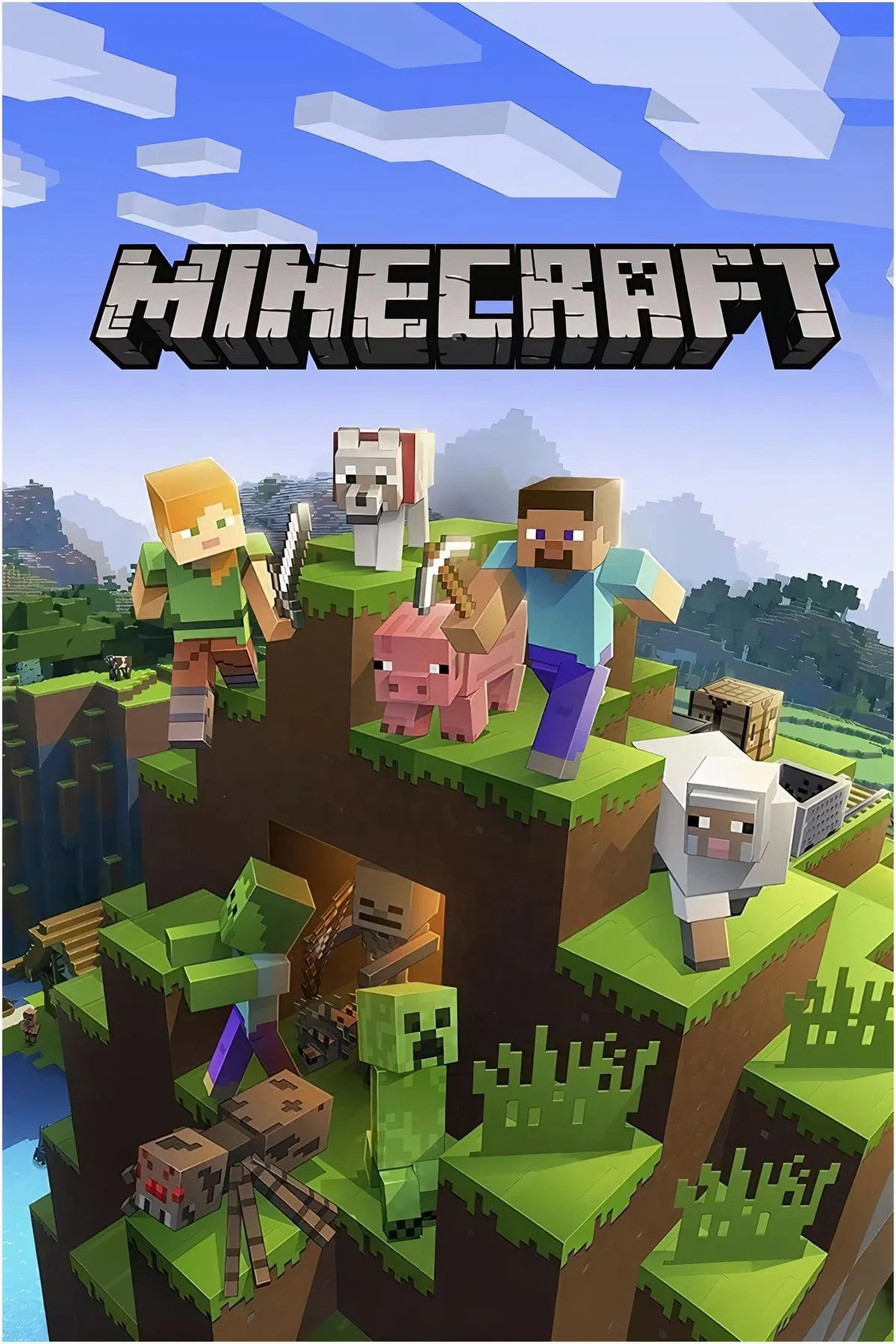 Collage cảnh chơi Minecraft, nhấn mạnh biểu tượng Creeper và các mob khác trong thế giới sandbox