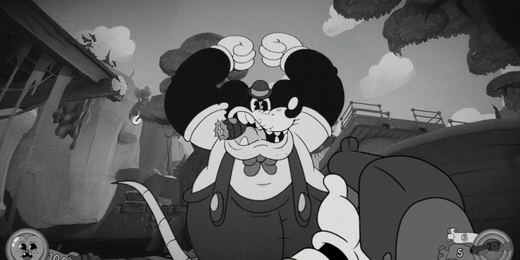 Gameplay collage Mouse: P.I. For Hire, khung cảnh Mouseburg và combat noir