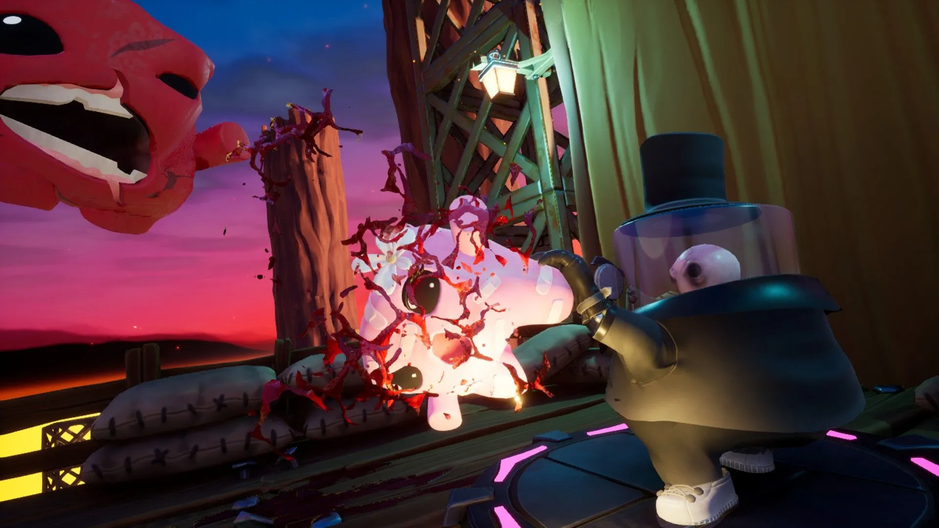 Góc gameplay hiển thị vòng đỏ nơi Meat Boy sẽ hạ cánh, hỗ trợ chính xác
