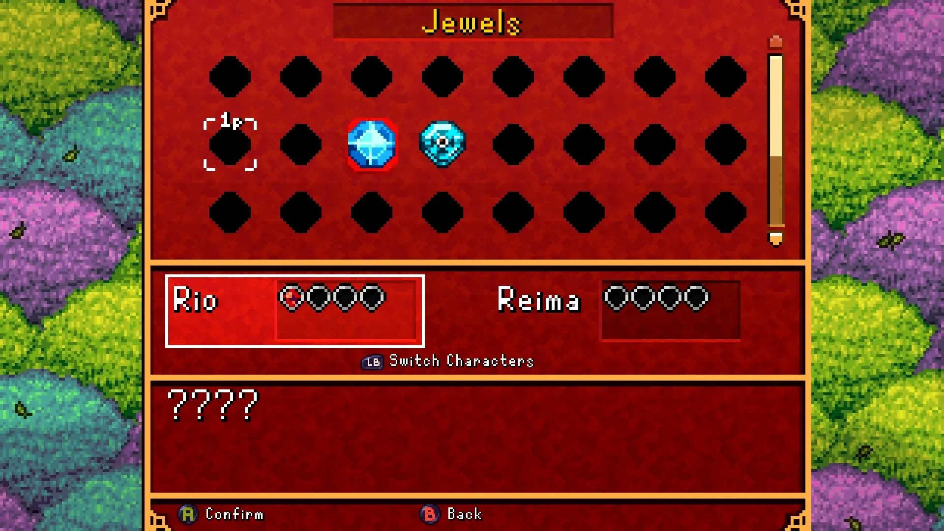 Màn hình kho đồ và hệ thống jewel trong Shrine's Legacy, giao diện retro nhưng rõ ràng