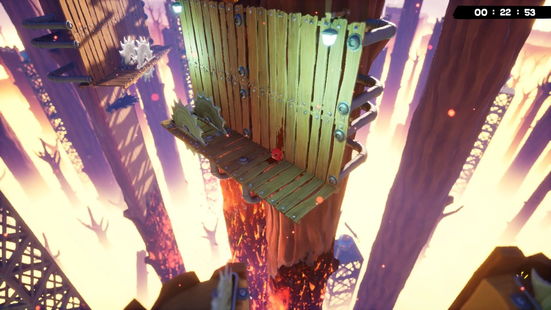 Meat Boy thực hiện wall-run và dash trong level 3D đầy bẫy