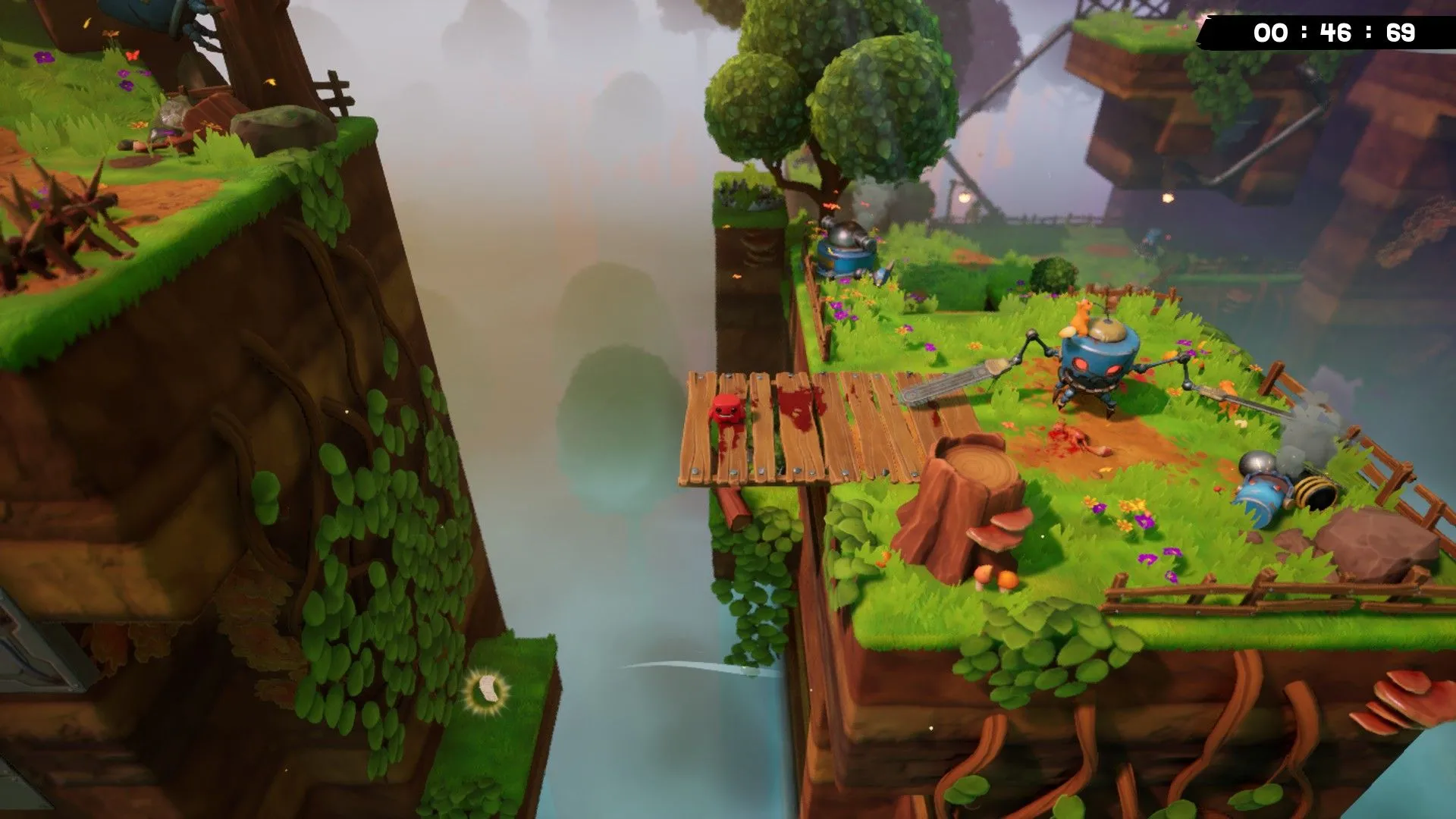 Meat Boy trong biome rừng với hiệu ứng ánh sáng và nền sôi động