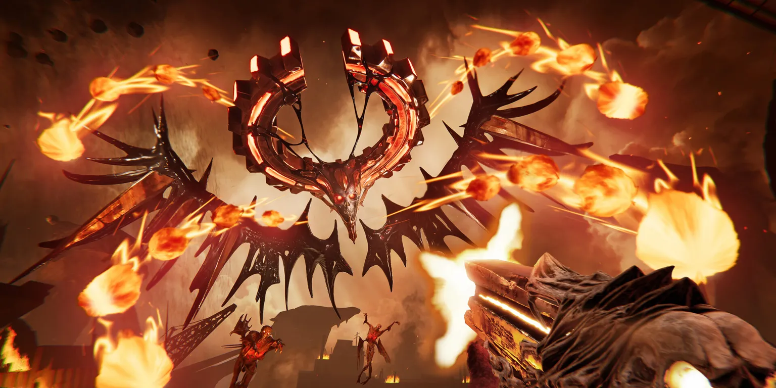 Metal Hellsinger gameplay cảnh bắn theo nhịp và vũ khí đỏ rực