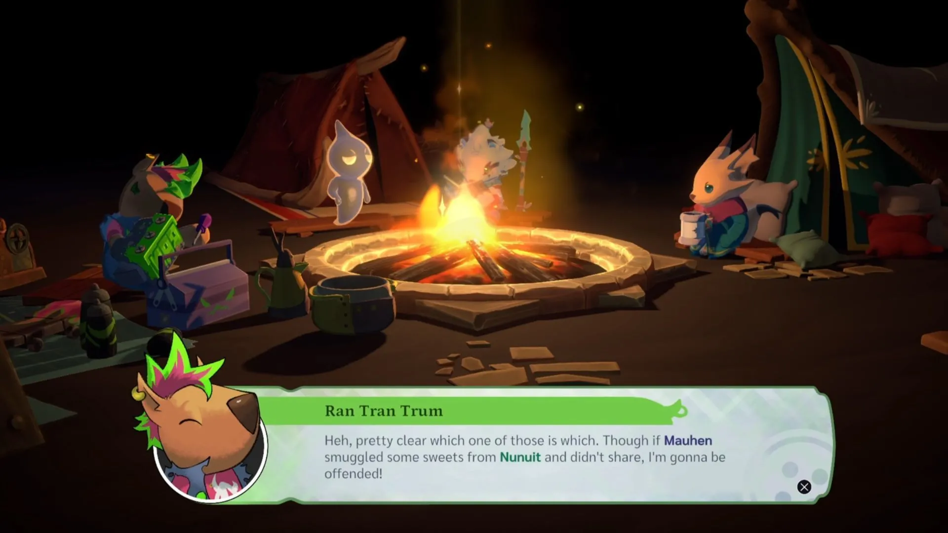 Nhóm nhân vật trò chuyện quanh lửa trại, hệ thống quan hệ trong game