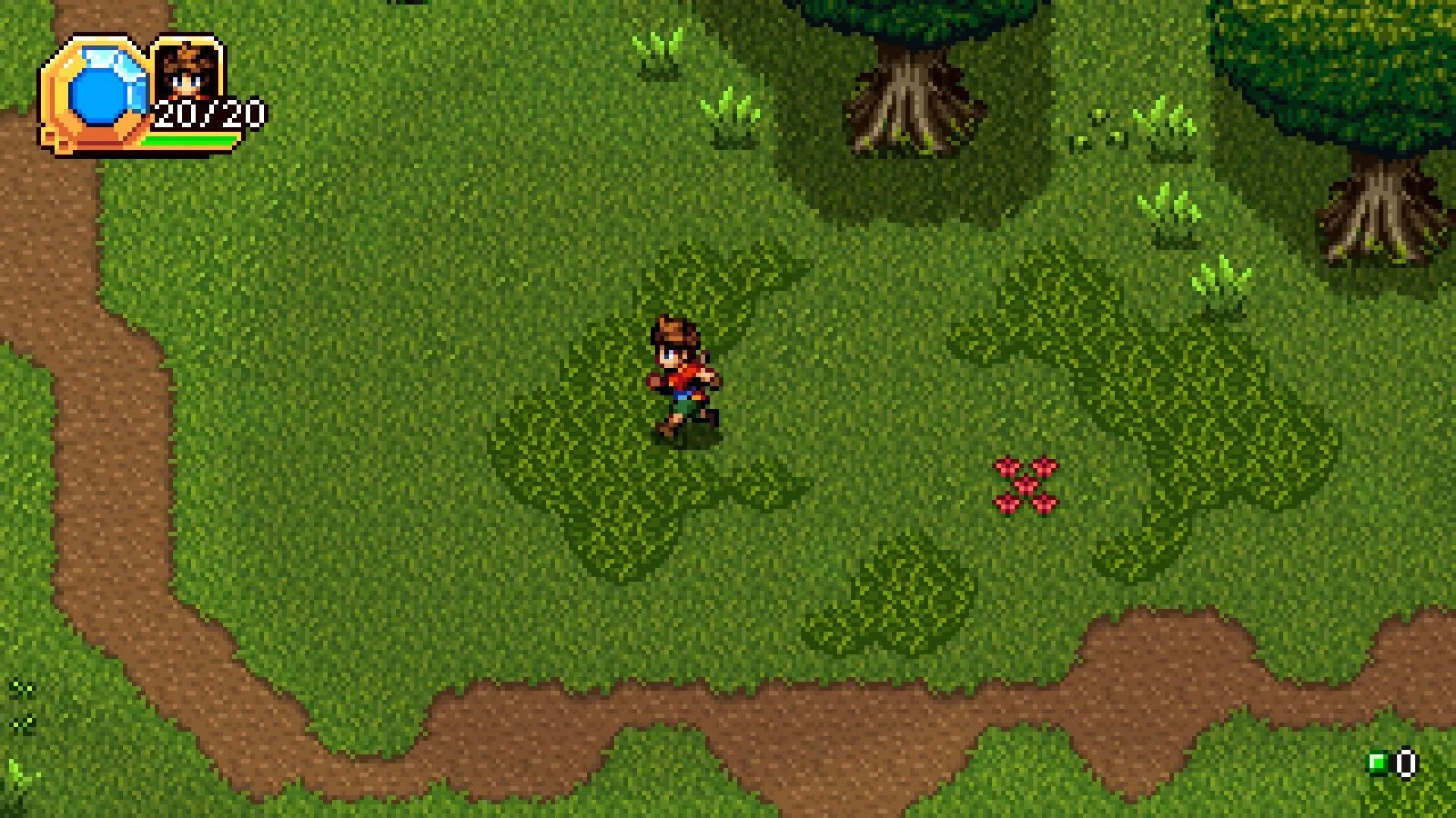 Rio chạy qua làng Yurill trong Shrine's Legacy, sprite 16-bit và phong cách SNES