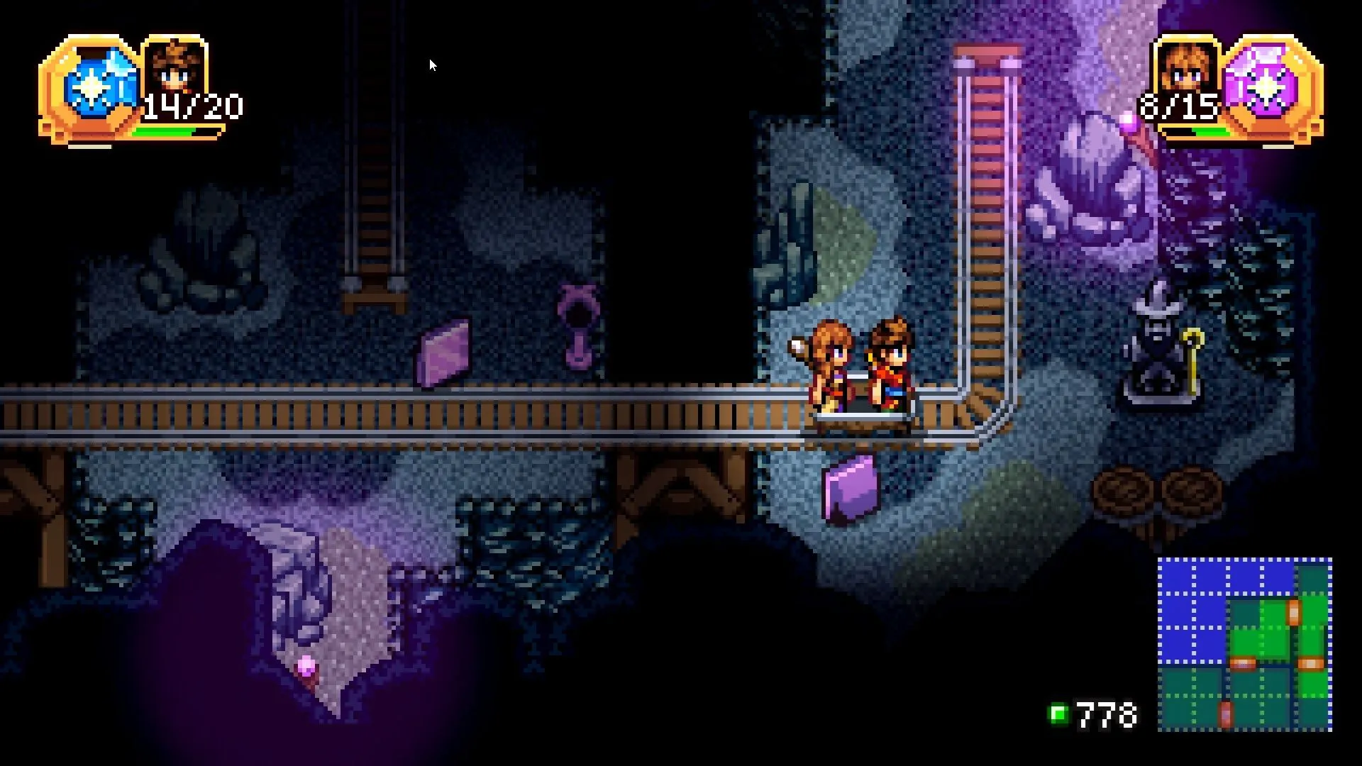 Rio và Reima trên xe mỏ, màn chơi có nhiều cơ chế di chuyển và tương tác môi trường