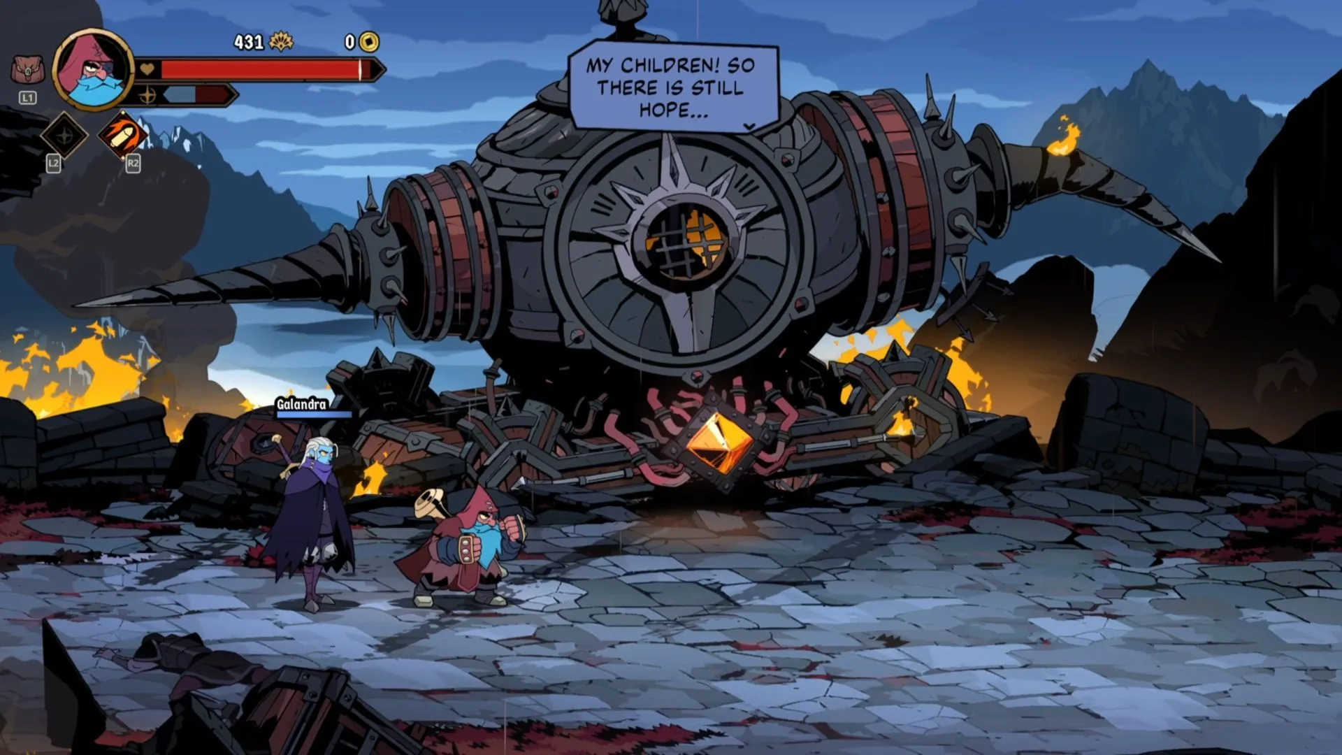 Ritual of Fire trong Absolum — đá đỏ ở máy lớn, mở khóa lửa