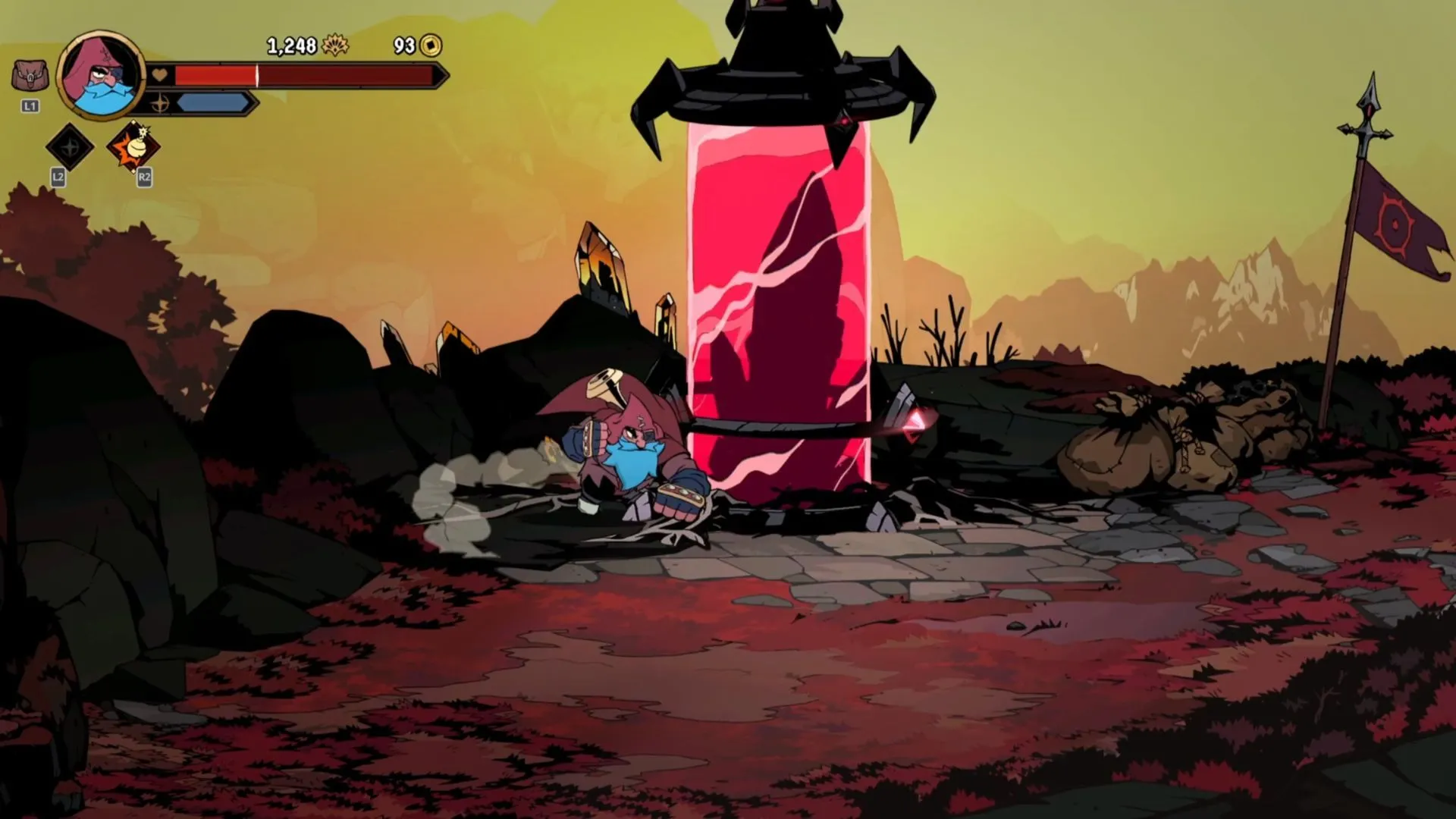 Ritual of Wind ở Giggling Forest — cầu gỗ và tinh thể đỏ