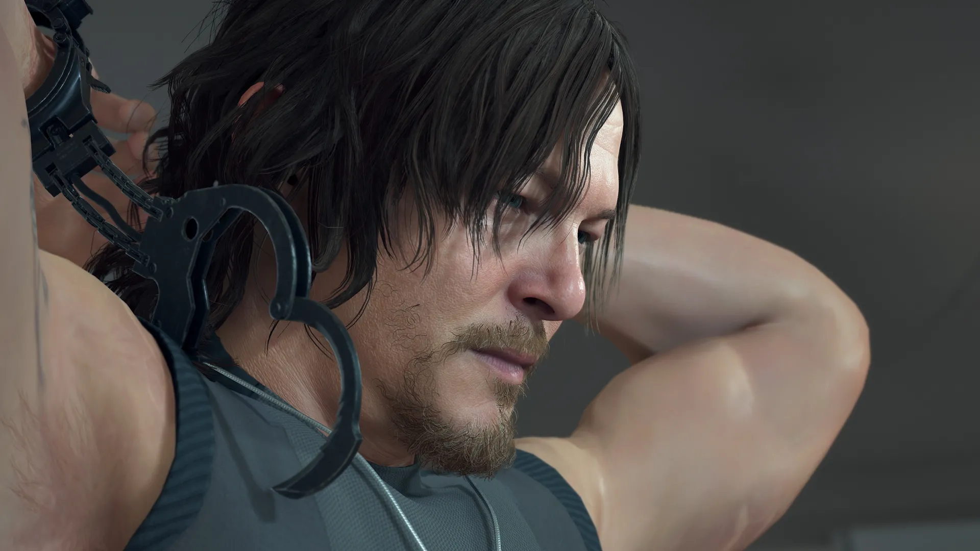 Sam Porter Bridges (Norman Reedus) trong Death Stranding, cảnh cận mặt nhân vật chính
